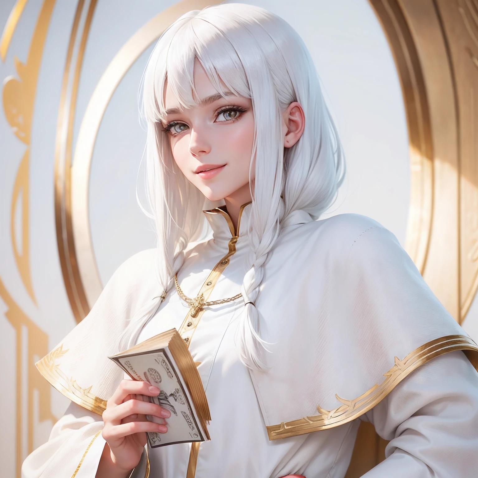 best quality, white hair, gold eyes, white clothes, looking up, upper body, hair strand, Fair skin, smiling, having money