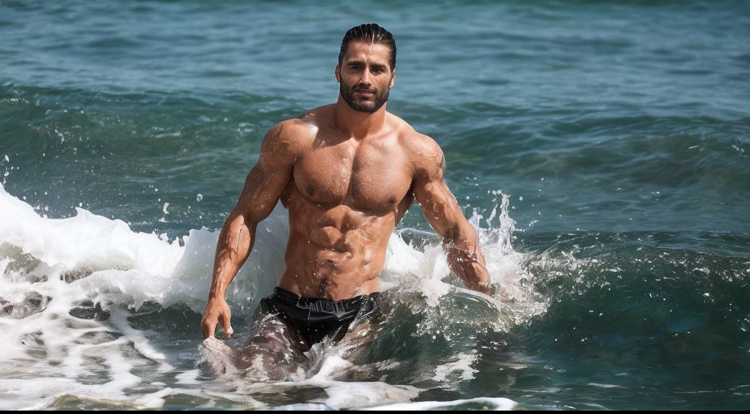 There's a man who's standing in the water with a surfboard, macho sexy, Macho bonito, corpos peludos molhados, Raphael Lecoste, in water! down to the shoulders, meio tiro de um hunky, no mar, Directed by: Giorgio Cavallon, in the water, macho atraente, masculino e bonito, homem bonito, Directed by: Adam Dario Keel