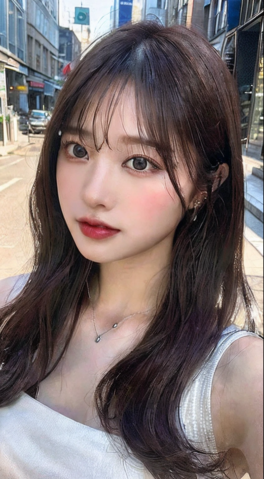 ((Realistic lighting, best qualtiy, 8k, tmasterpiece:1.3)), sharp fokus:1.2, 1girl, Beautiful Women with Perfect Figure:1.8, Slim abs:1.1, ((dark brown hair)), (White crop top:1.4),(exteriors,during night:1.1),the city street,Ultra-fine face,Fine eyes,二重まぶた,Beautiful pupils,Burgundy lips,Silver necklace