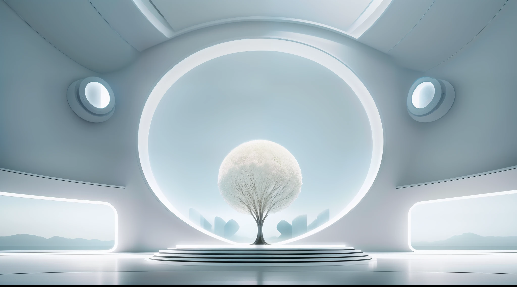 Futuristic minimalist white sci-fi studio,There is a large glass podium in the center of the stage,There is a tree of souls on each side,On the distant wall is a giant AI brain, first person perspective,wide wide shot,in a panoramic view,35mm,highlight,high detal,8k,A high resolution