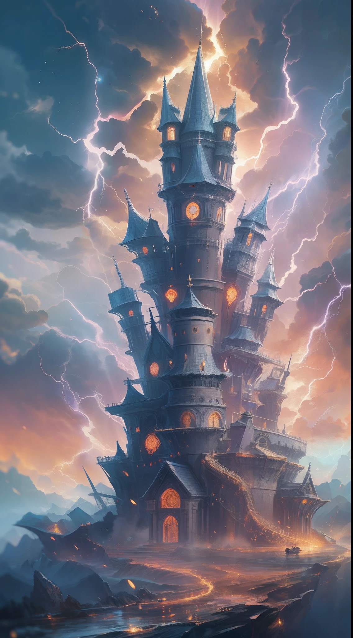 High fantasy image of rainbow lavender fortress lightning signs、