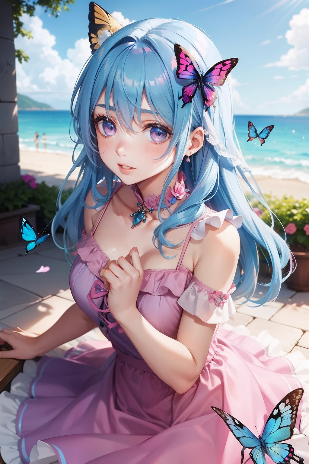 a women, Blue butterfly, Blue hair, Pink eyes, Pink dress