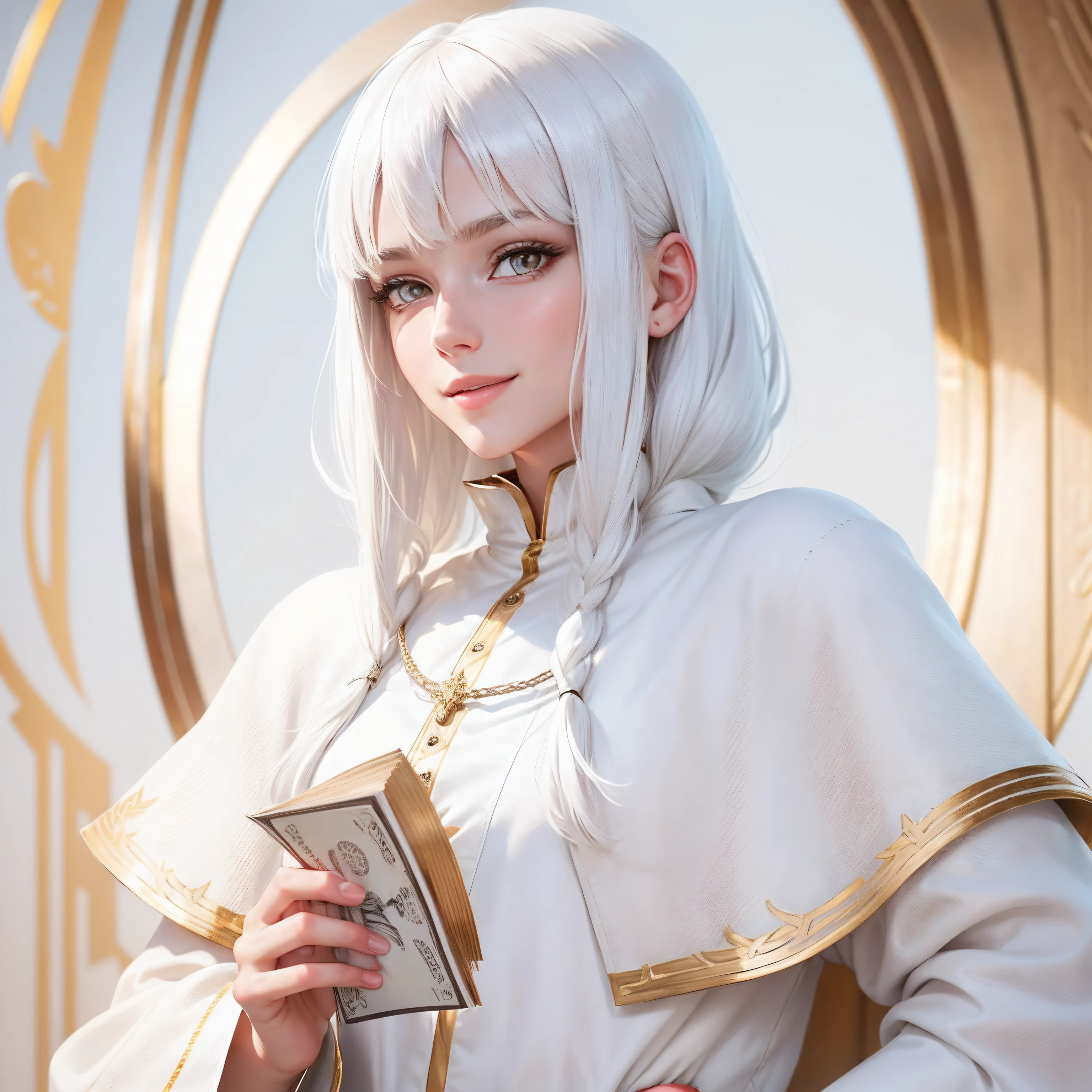 best quality, white hair, gold eyes, white clothes, looking up, upper body, hair strand, Fair skin, smiling, having money