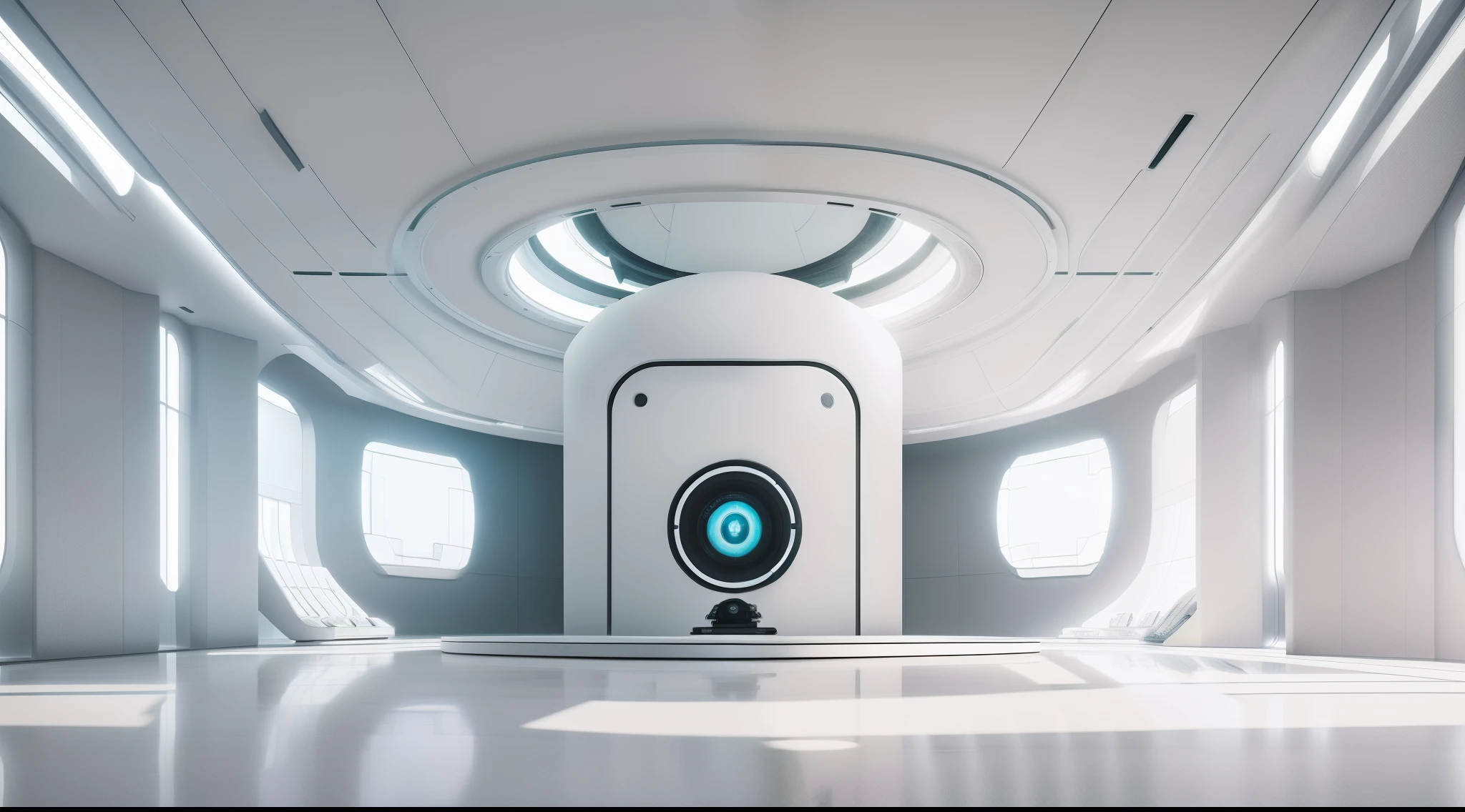 Futuristic minimalist white sci-fi studio,There is a large glass podium in the center of the stage,In the distance wall is embedded a giant artificial intelligence brain, first person perspective,wide wide shot,in a panoramic view,35mm,highlight,high detal,8k,A high resolution