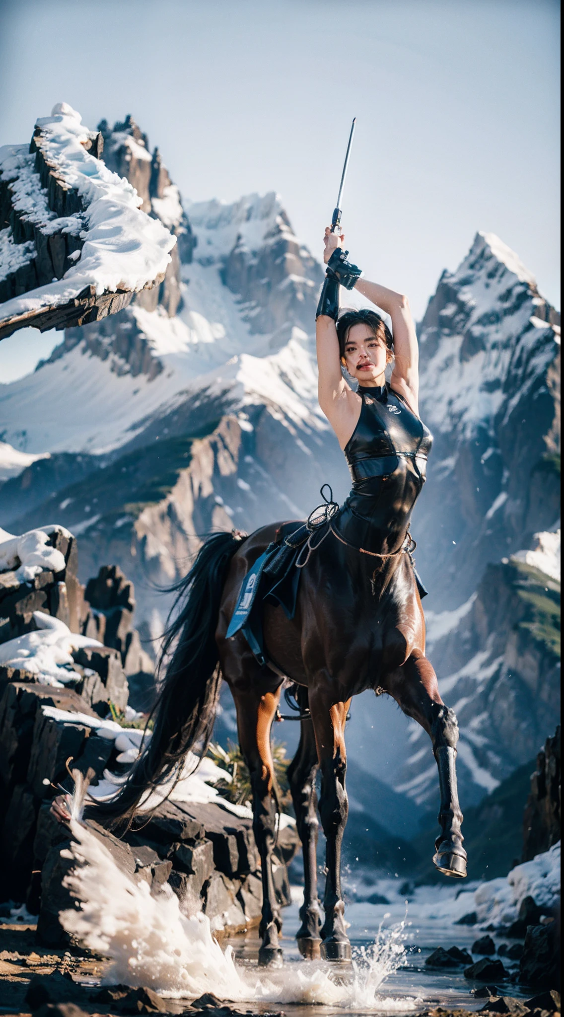 In a very grand scene，The extra-large wide-angle lens captures the appearance of a female centaur。She is tall，It has the ultimate curvy beauty，The muscles are slender and firm，Beautiful lines。Her facial features are tough and coquettish，Always with a sunny smile。She wears special tight-fitting equipment with a strong sense of technology，Step on multifunctional off-road style heels，Delicate and practical protective gear is worn on the hands, feet, wrists, neck and shoulders。The detection equipment around you flashes various cue lights and neon-like information screens，Let her exude a charming brilliance。Use Midjourney's advanced tools，Design special tight-fitting equipment for female centaurs，Highlight her unique physiological characteristics and appearance details，Add realism。And in her adventure scene，Spectacular views of nature，Such as the sky where storms and sunny days alternate、Brilliant rivers of stars and auroras、The snow-capped summit of Mount Everest、Fireworks in the mountain town, etc。ao mesmo tempo，Away from the hustle and bustle of Long Beach Pier is a neon-lit spaceship docked，Create a fantastic scene。Use Midjourney's advanced tools and multiple color palettes、Brush Strokes、Texture tools and model packages，It shows a sense of atmosphere where beauty and charm coexist。The charm of the female centaur is highlighted through color and lines，Enhance realism with detailing，Create a surreal dreamy feeling。Additionally，Use Midjourney's tools to add a variety of extreme sports gear and cultural trinkets to the female centaur，Create intricate hairstyles and outfits，Give her a sense of premium。She never flinches，Regardless of the terrain，can respond quickly，Even the extreme geography and dangerous terrain of aliens cannot stop her。Use Midjourney's powerful tools，You can do it with incredible detail and beauty，Bring this ultra-grand and beautiful scene to life。Ultra-grand scenes，super wide shot， hdr，（真实感，Masterpiece quality，best qualtiy），