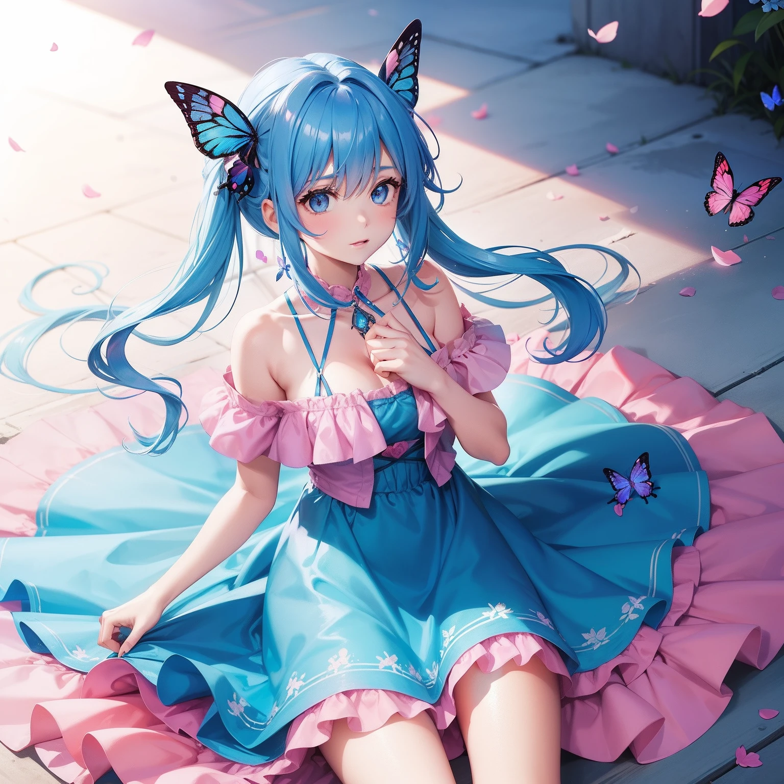 a women, blue butterfly, blue hair, pink eyes, pink dress