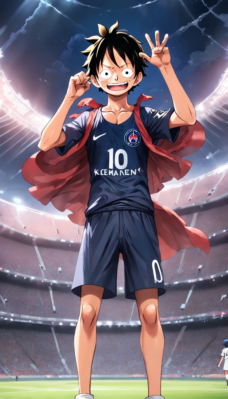"《One Piece》Luffy wears Paris Saint-Germain 10 costume, standing in a stadium, Facing the camera, Raise a hand,Smiling."