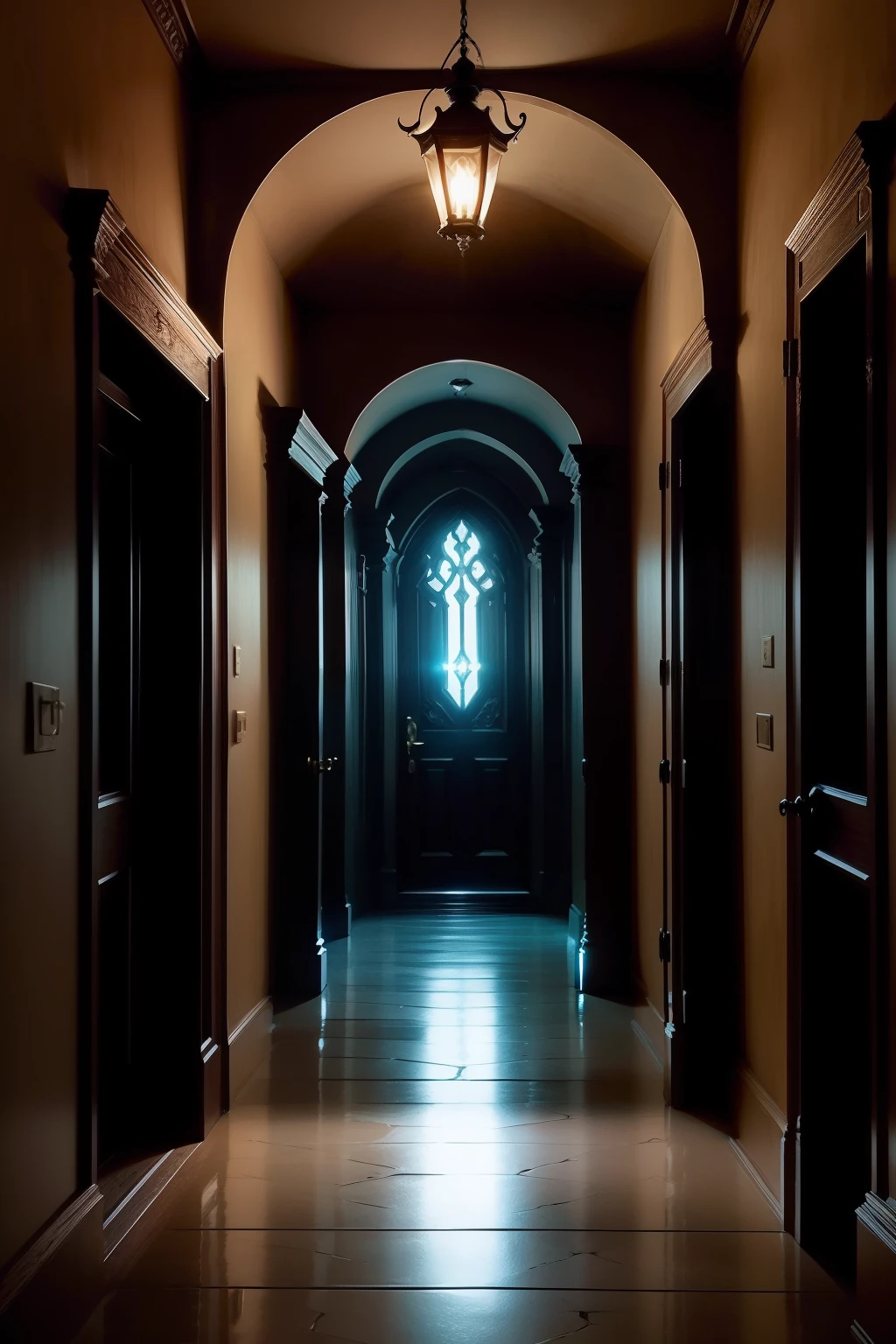 a door closing symbolically, there is a long corridor illuminated with colored torches along the way, realistic effect.