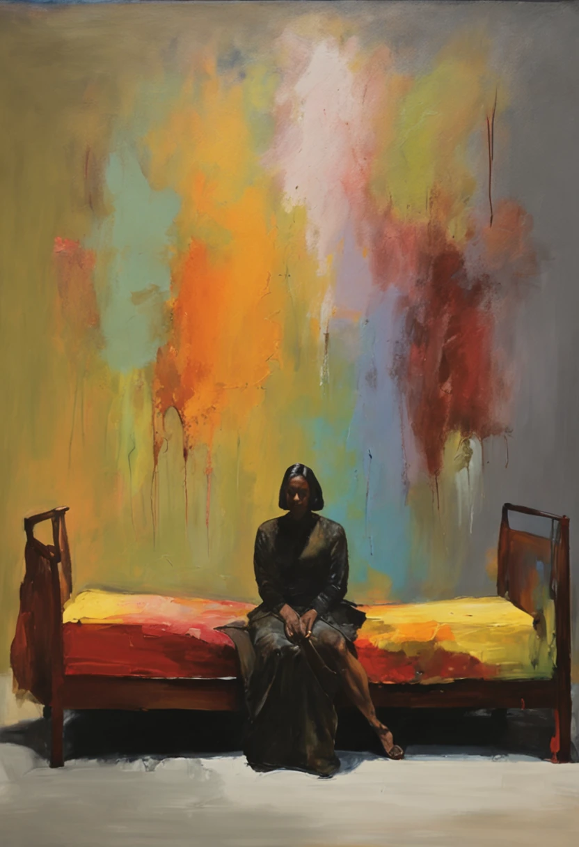 The shadowy figure sitting on the bed, with a frightened woman standing nearby, 4k