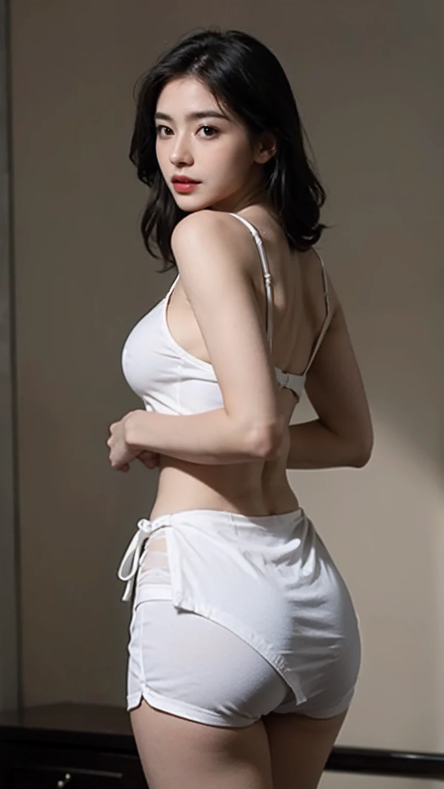 An Exceedingly Beautiful Woman, Gorgeous body with big breasts, sexy expression, (Chest plate apron), (No underwear: 1.1), (without bra: 1.1), (Photorealistic: 1.4), (Best Quality: 1.0), (Hyper HD: 1.0), 8K, Raw-Photo, (Masterpiece: 0.2), Beautiful Legs, Look from behind, Big ass