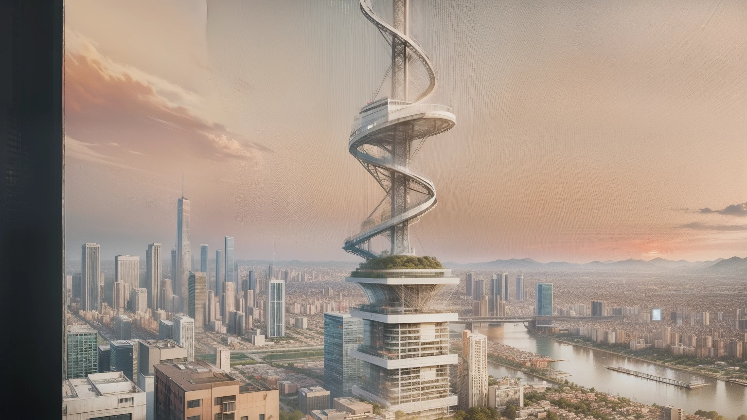 urban city at sunset,sky-high tower,A plant,rios,warm,hyper HD
