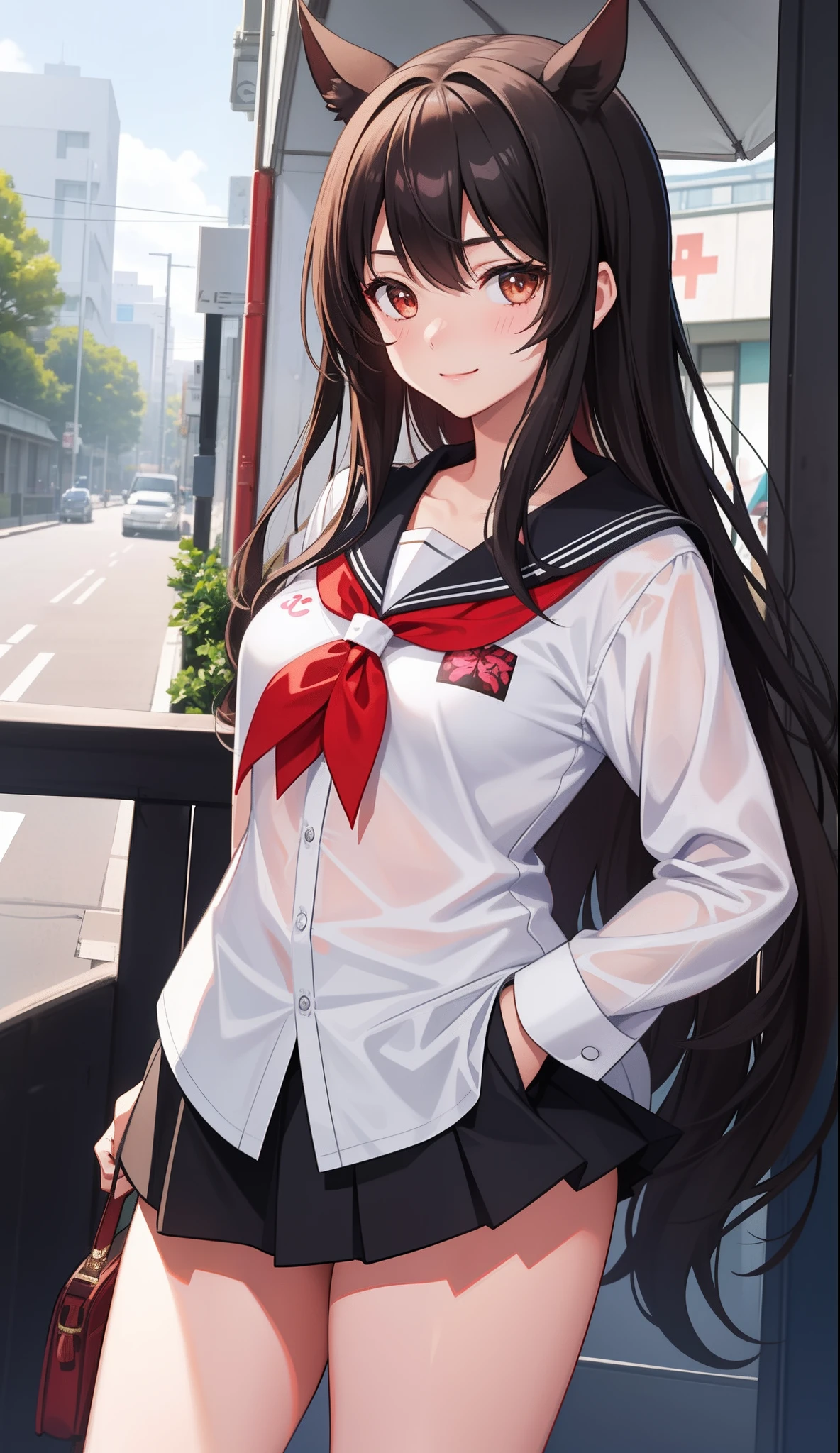 1girl in、AS-Adult、A smile、(Tsundere)、The shirt、skirt by the、(small tits)Chilarism、Japan High School Student Uniform、serafuku、summer clothing、(Sheer Bra)、Upper body portrait、horse ear(Uma Musume)、Running、sprinting、