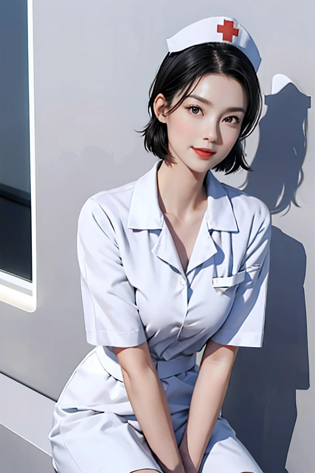 Black hair, white nurse's uniform on the upper body, open neckline, diagonal nurse's hat on the head, naked lower body, open legs, in the hospital, nurse, delicate skin, realistic shadows, very detailed