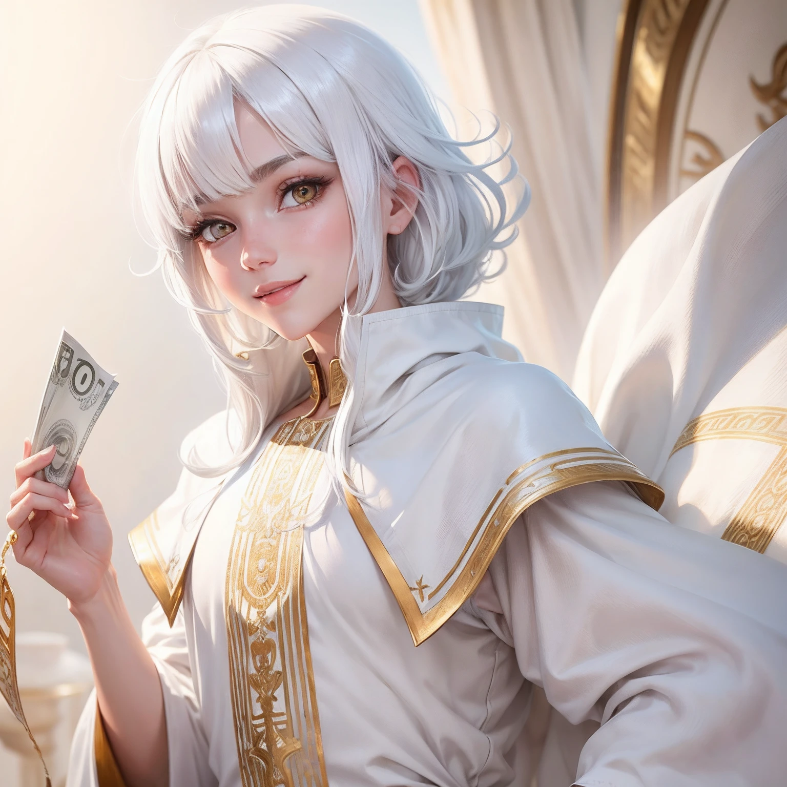 best quality, white hair, gold eyes, white clothes, looking up, upper body, hair strand, Fair skin, smiling, having money