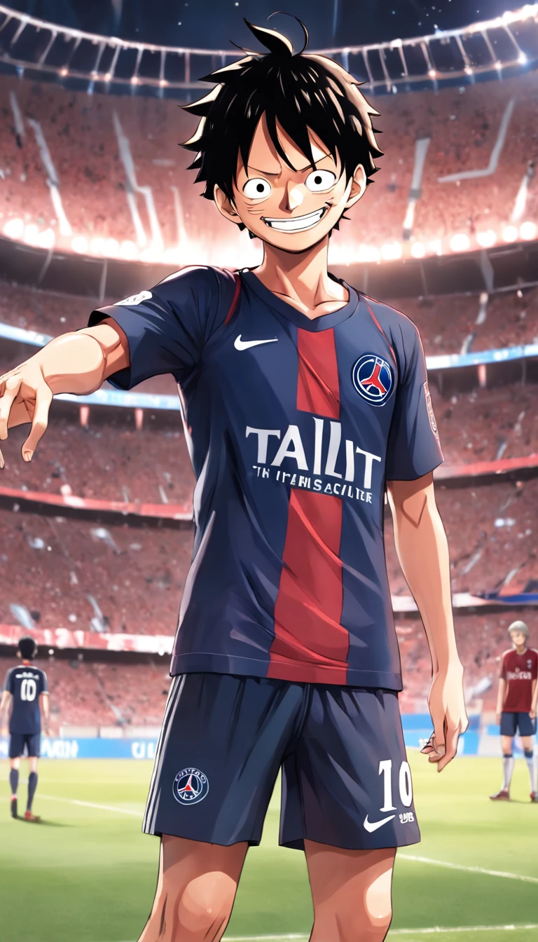 "《One Piece》Luffy wears Paris Saint-Germain's No. 10 Messi shirt, standing in a stadium, Facing the camera, Raise a hand，Smiling."