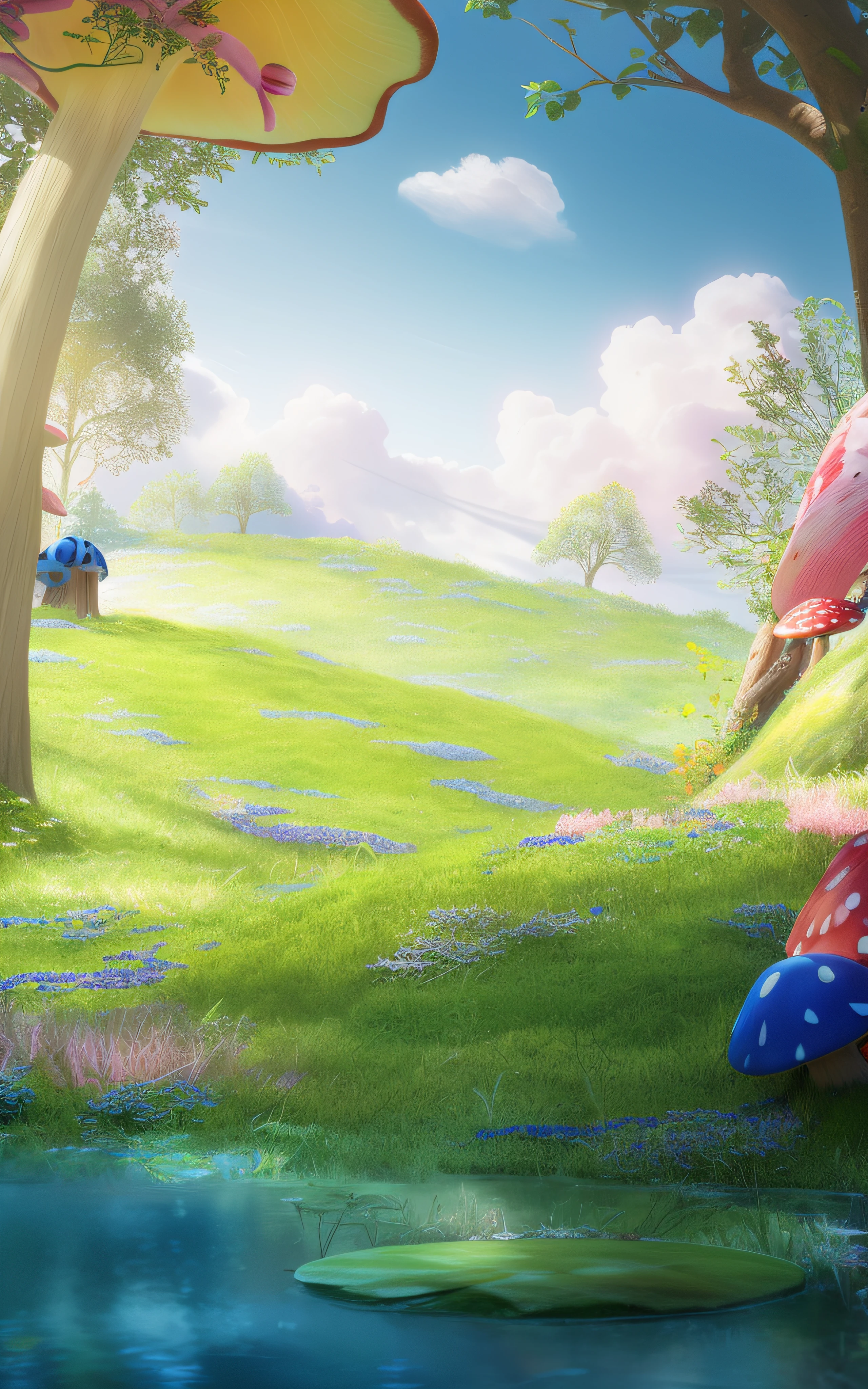 There is a cartoon character sitting on a mushroom in the grass,whimsical fantasy landscape art, background artwork, arte de fundo, magical fairy background, miraculous ladybug, realistic scene, fairy tale style background,realistic fantasy rendering, realistic establishing shot, elf forest background, childrens art in artstation, Beautiful wallpaper