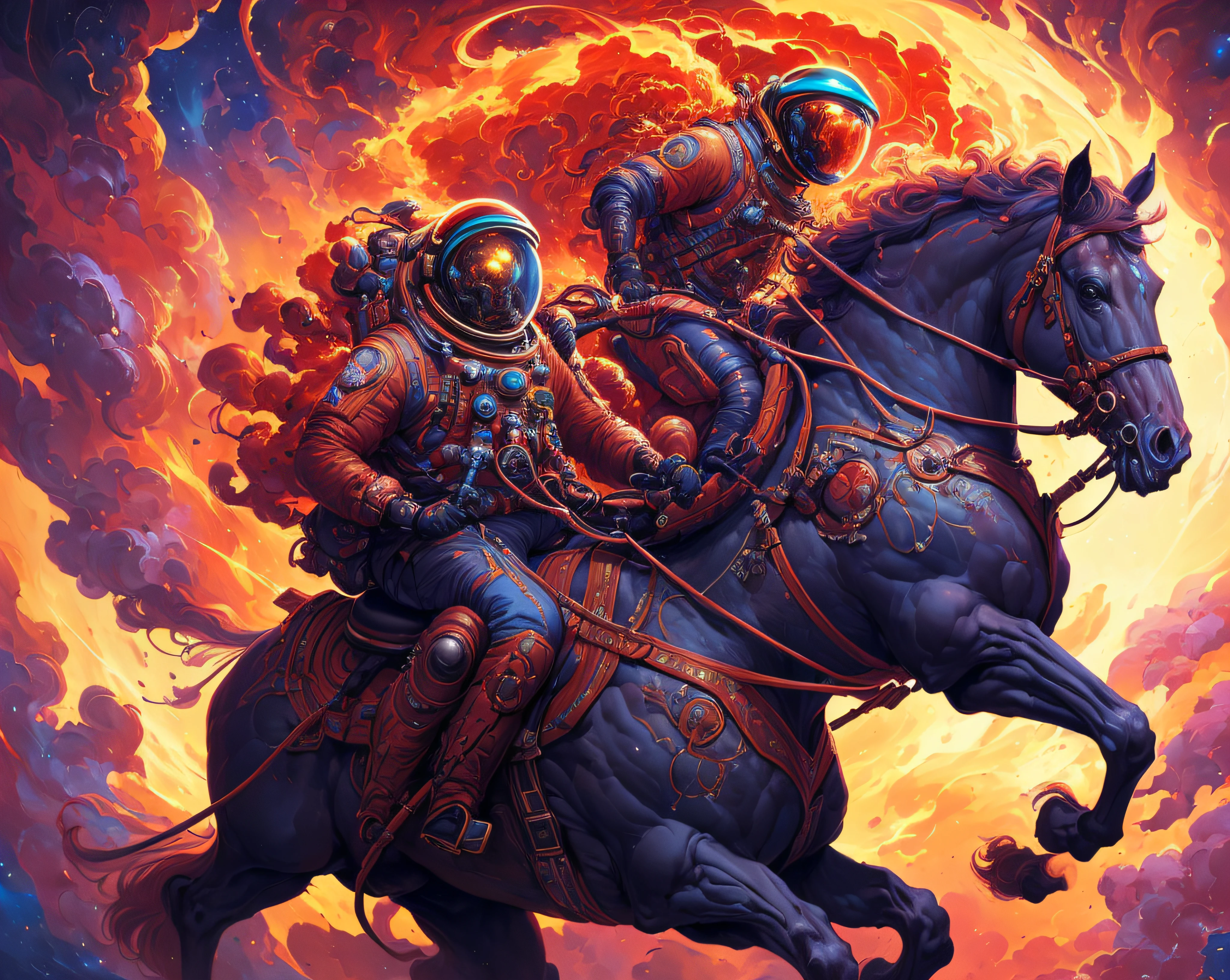 Highly (dynamic:1.2) scene art detailed (Apterus:1.2) cosmonaut on a horse, (fantastic amazing decoration:1.2), abstract beauty, explosive volumetric, Delightful anatomy, (fantastic horror perfect art, 64k ultra hd:1.1), (art by apterus, art by dan mumford:1.2)
