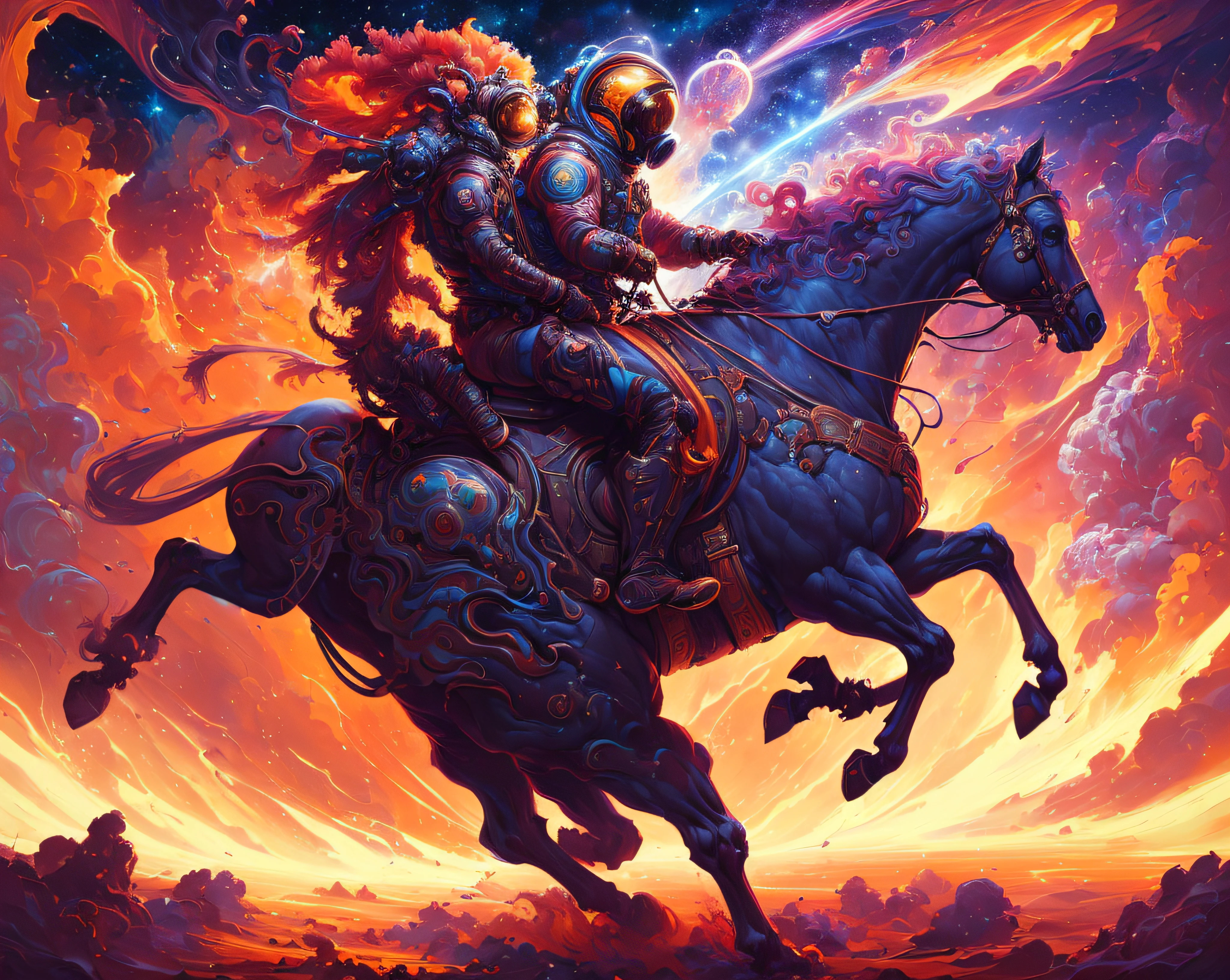 Highly (dynamic:1.2) scene art detailed (Apterus:1.2) cosmonaut on a horse, (fantastic amazing decoration:1.2), abstract beauty, explosive volumetric, Delightful anatomy, (fantastic horror perfect art, 64k ultra hd:1.1), (art by apterus, art by dan mumford:1.2)