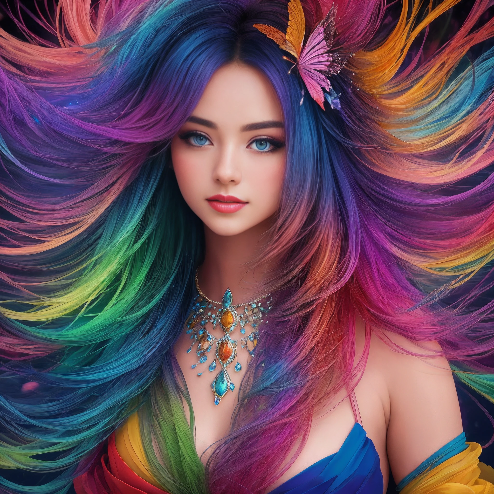 Woman with colorful hair and earrings on dress, colorful digital fantasy art, vivid fantasy style, fantasy art style, colorful concept art, 8K high definition detailed art, detailed digital animation art, stunning digital artwork, beautiful digital artwork, enchanting cleavage,