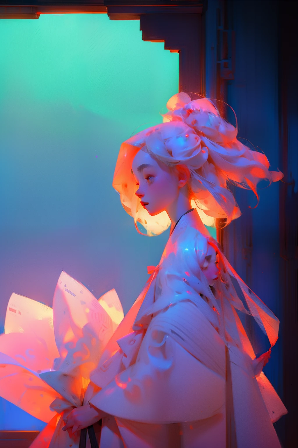 A woman in Hanfu leans against the window,Fan in hand,Face with peach