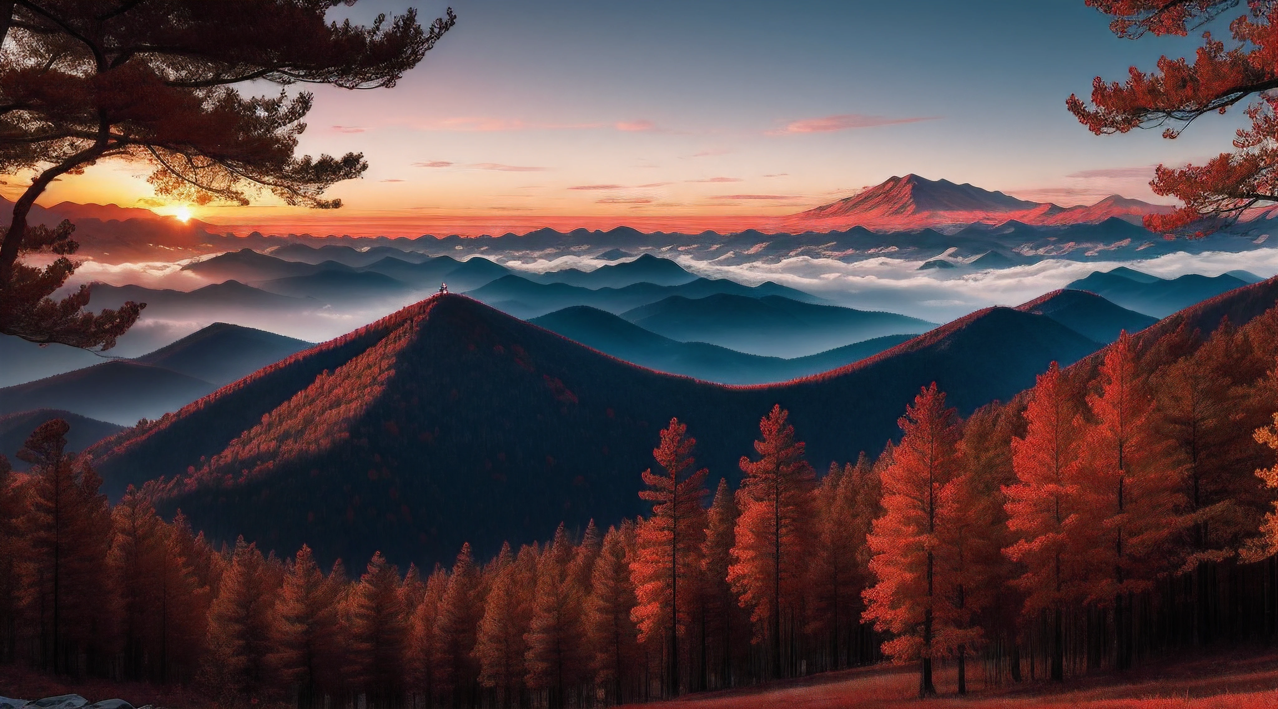 Red Forest,Chao yang,Open mountains and forests overlooking the sun,8K