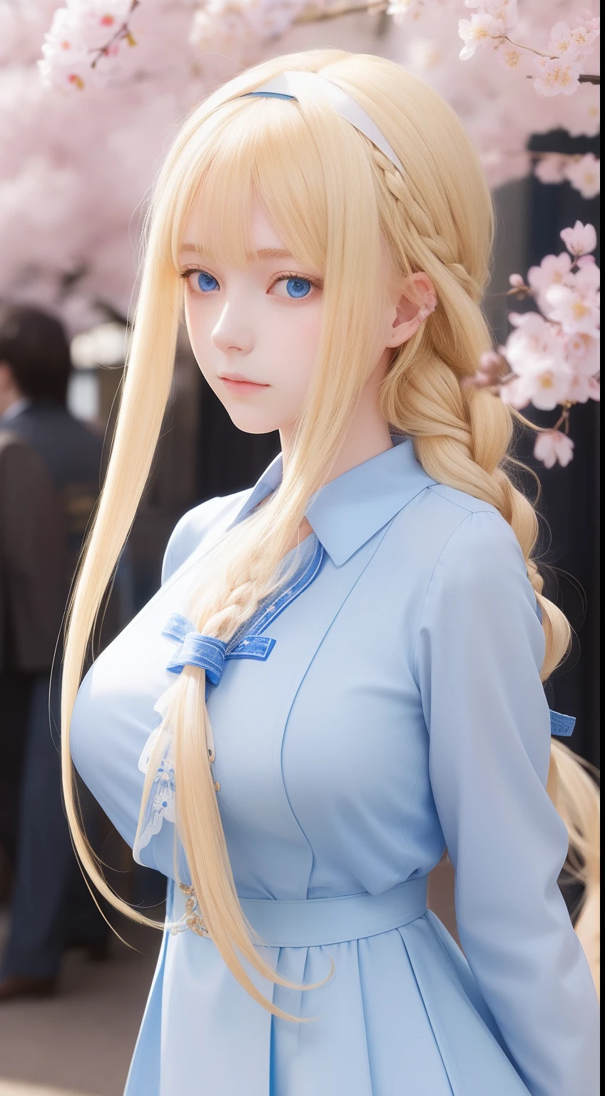 alice zuberg, bangs, blue eyes, blonde hair, hair between eyes, very long hair, braid, hairband, white hairband,((masterpiece, best quality:1.2)), (ultra-detailed:1.2), alice,big breast ,dress, school uniform, cherry blossoms,