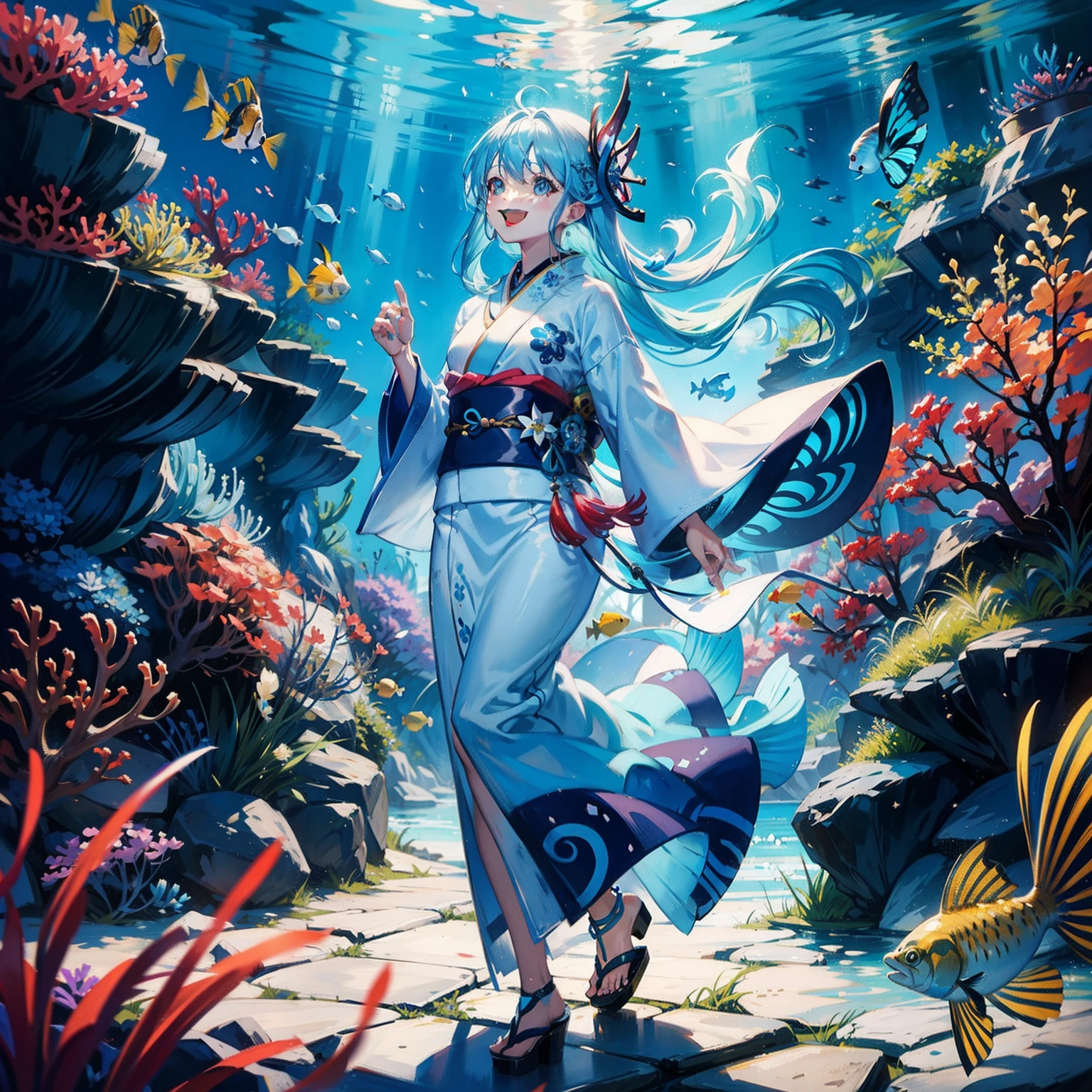 light blue hair woman walking under the sea, many colorful fishes, big smile, talking with fish, (masterpiece), (high quality), wearing a kimono