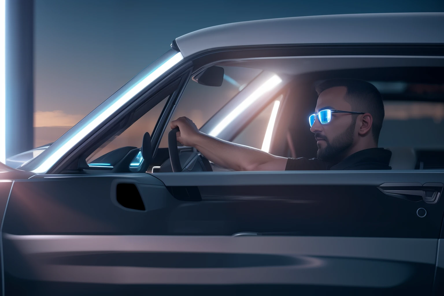Make person more realistic 8k full high resolution driving in night on high way skin white and bright