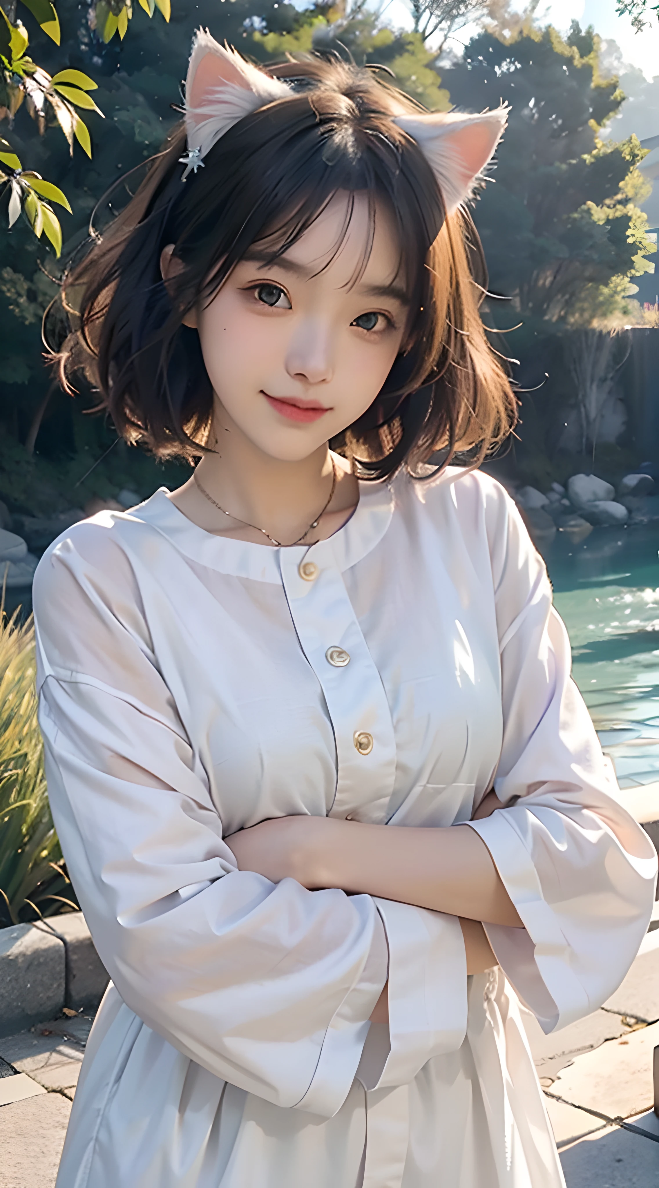 (Best Quality:1.5), (Detail CG), (high resolucion:1.5),White cat with the face of the queen of the country of cat ears、Cat Ear Girl Face and White Cat、Close-up of face and white cat、Close-up RAW photos, (lipgloss、eyeslashes、shiny face、shinny skin、best qualtiy、超High Resolution A、depth of fields、Chromatic abbreviations、caustics、Variety of lighting、natural shading)、Beautiful sunset sea in the background。The sea is calm and quiet、The light of the setting sun reflects off the surface of the water and shines。Beautiful orange and pink colors of the sky、The beauty of the sunset envelops the whole。In the center of the photo,、The face of a cute girl with cat ears is illuminated。She was smiling with a calm expression.、Light shining in the setting sun。Her eyes assimilated with the colors of the setting sun、It reflects soft orange and pink hues.。and of the、Next to her was a white cat.、It's twilight with her。The cat seems to be her best friend、It makes you feel trust and peace.。The white fur shines in the light of the setting sun.、You may look like an angel。This picture is、Adorable cat-eared girl and white cat、Capture the blissful moment of sunset with the beautiful sunset of the sea.、Giving viewers a warm impression and a sense of security.。It is a scene that combines the beauty and tenderness of nature..、It will be a special moment that will stay in your heart。