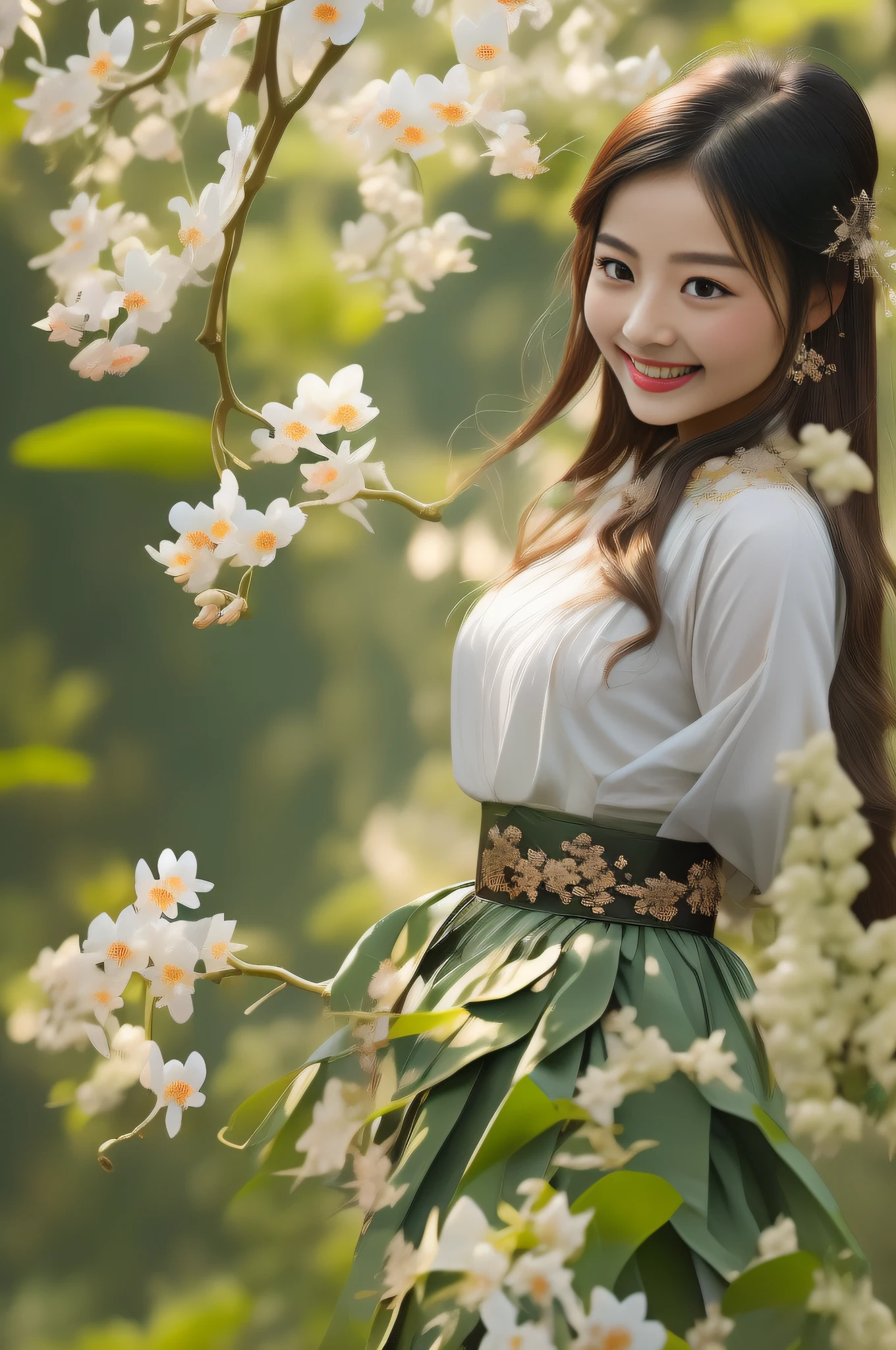 Light Luo small fan white orchid,Slim waist jade belt dancing sky veil。It is suspected that the fairy came down,Looking back and smiling Sheng Xinghua