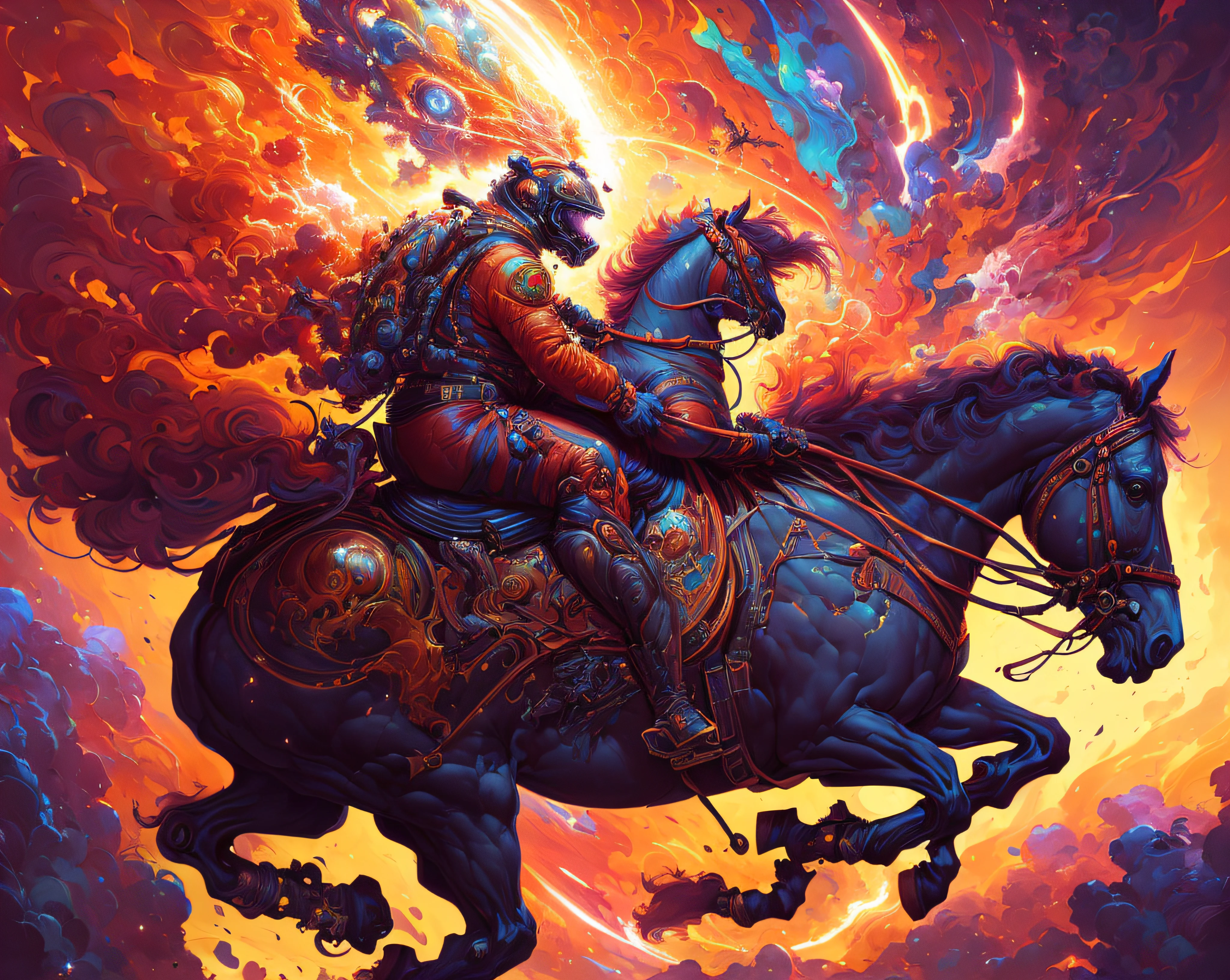 Highly (dynamic:1.2) scene art detailed (Apterus:1.2) cosmonaut on a horse, (fantastic amazing decoration:1.2), abstract beauty, explosive volumetric, Delightful anatomy, (fantastic horror perfect art, 64k ultra hd:1.1), (art by apterus, art by dan mumford:1.2)