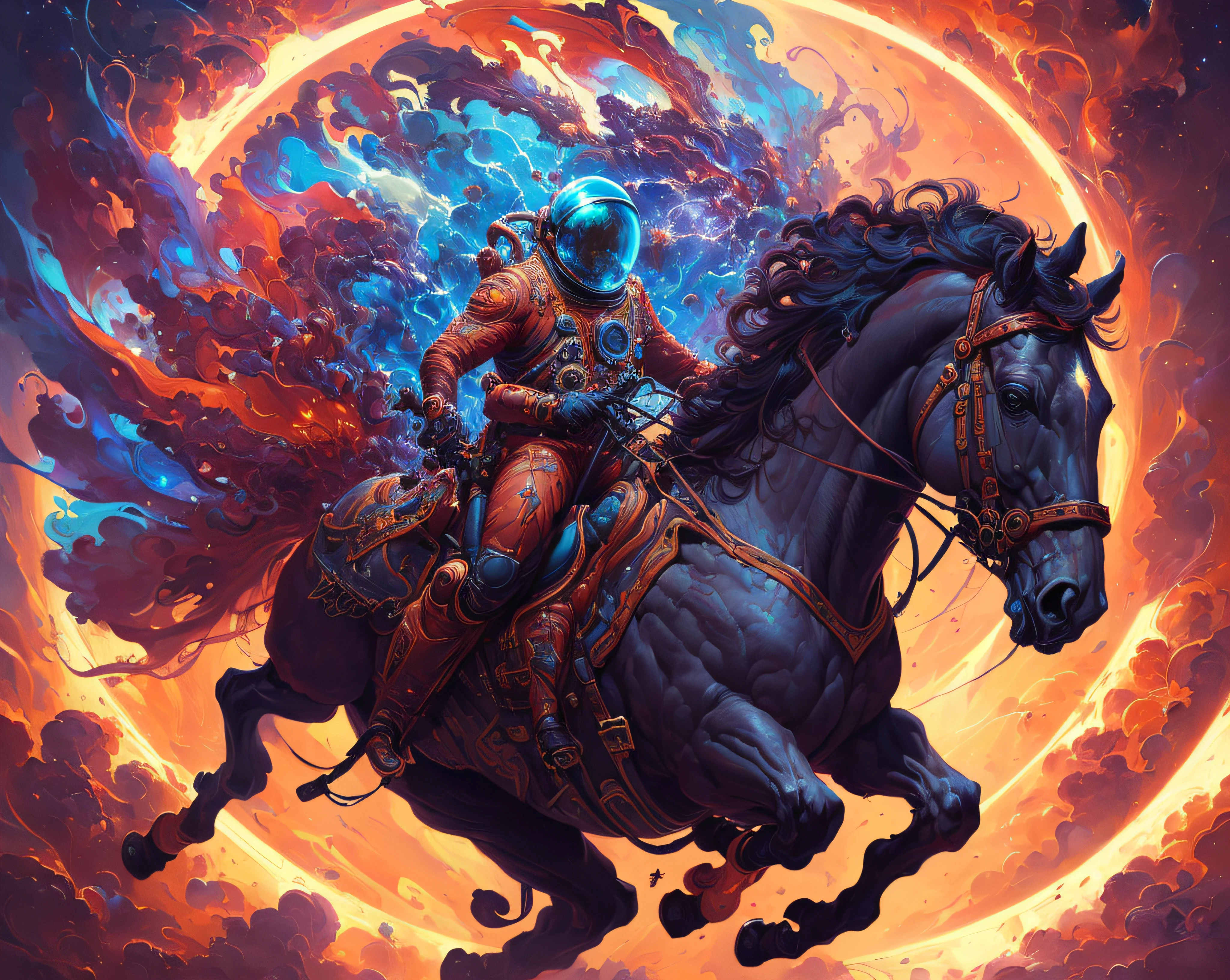 Highly (dynamic:1.2) scene art detailed (Apterus:1.2) cosmonaut on a horse, (fantastic amazing decoration:1.2), abstract beauty, explosive volumetric, Delightful anatomy, (fantastic horror perfect art, 64k ultra hd:1.1), (art by apterus, art by dan mumford:1.2)