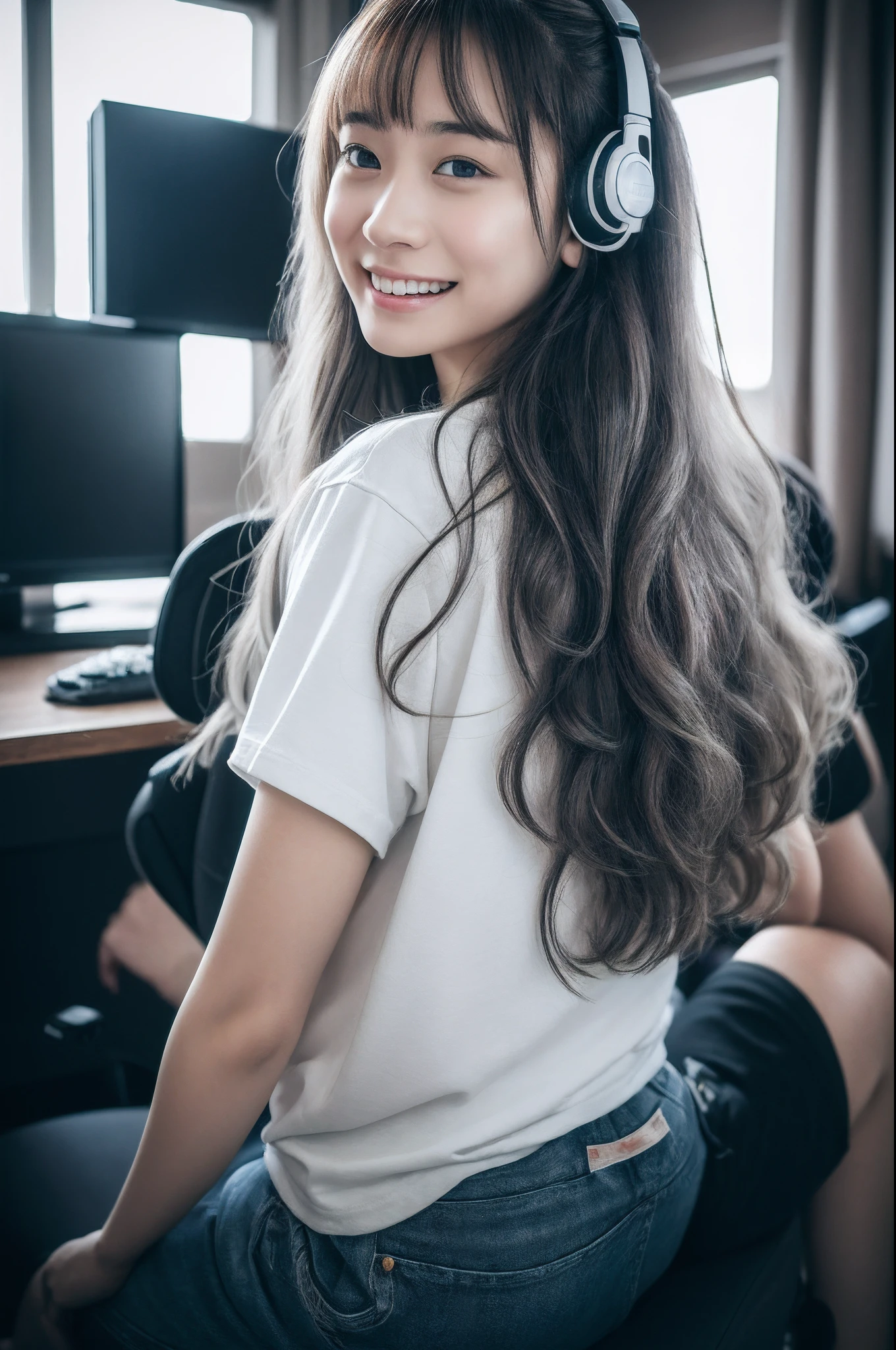 8k,RAW portrait of girl,80mm,ultra high res,best quality,japanese girl,idol,cute,playing a game on one's PC,gamer,sitting on gaming chair,wearing headset,holding game controler(darkened room:1.2),oversized t-shirts,sports shorts,(natural skin texture,detailed skin, hyperrealism,ultra sharpness),intricate details,high resolution, natural lighting,
moonlight,scowl,white hair,tareme,toned,multiple girls,bald,from behind,spotlight,american,curly hair,looking back,full body,girl,no nose,raincoat,short twintails,bangs pinned back,
messy hair,grin,shy,colorfull,vivid,