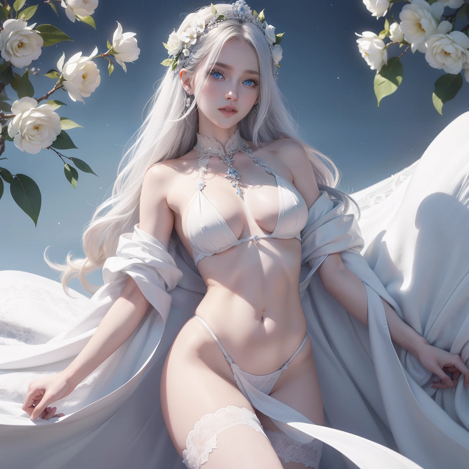 White goddess blue eyes in human shape、beautiful body of a flower of a very attractive age with white pubic hair,,Wearing a white nout gown,