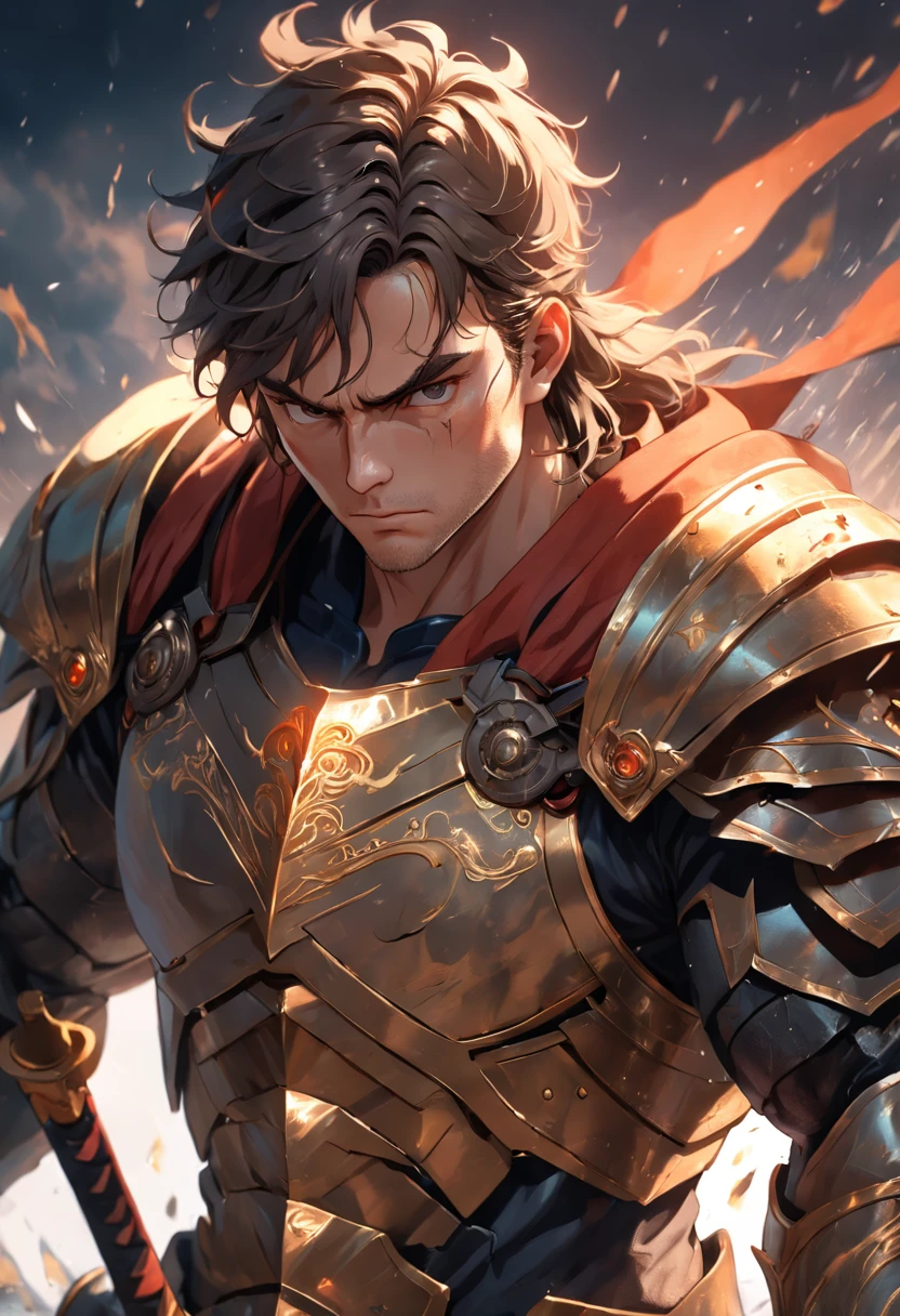Close-up portrait of a person in armor holding a sword, Complex armor patterns,golden armour,Red clouds,Clouds in the sky surround the sun,(Professional 3D Rendering:1.3) in the (Realistic:1.3) The most beautiful art photos in the world,Soft Features, Brilliant male hero, ((epic hero rough fantasy muscular male wet hero looks angry long hair, Intense expression of short beard and dynamic pose, fantastic location, Majestic and cluttered environment)), Whole body 8K unit rendering, action SHOT, skin pore, Very dark lighting, heavy shading, A detailed, Detal Face, (vibration, realistic photo shot, Realistic, Dramatic, darkly, foco nítido, 8K), (Old leather clothes damaged by bad weather:1.4), ((((Use skins)))), (complex:1.4), Decadent, (ighly detailed:1.4), digitial painting, rendering by octane, art stations, concept-art, suave, foco nítido, Illustration, From the budding of art, (Roisch:0.23), Vlop Ilya Kuvshinov, e Gregg Rutkowski e Alphonse Mucha Gracias, (globalillumination, studio lights, Amount of light), Very heavy rain, Floating particles, lotr, Fanciful, we, Intellosbians, ((Dark ancient city background:1.3)),CG Sesociedad,art stations