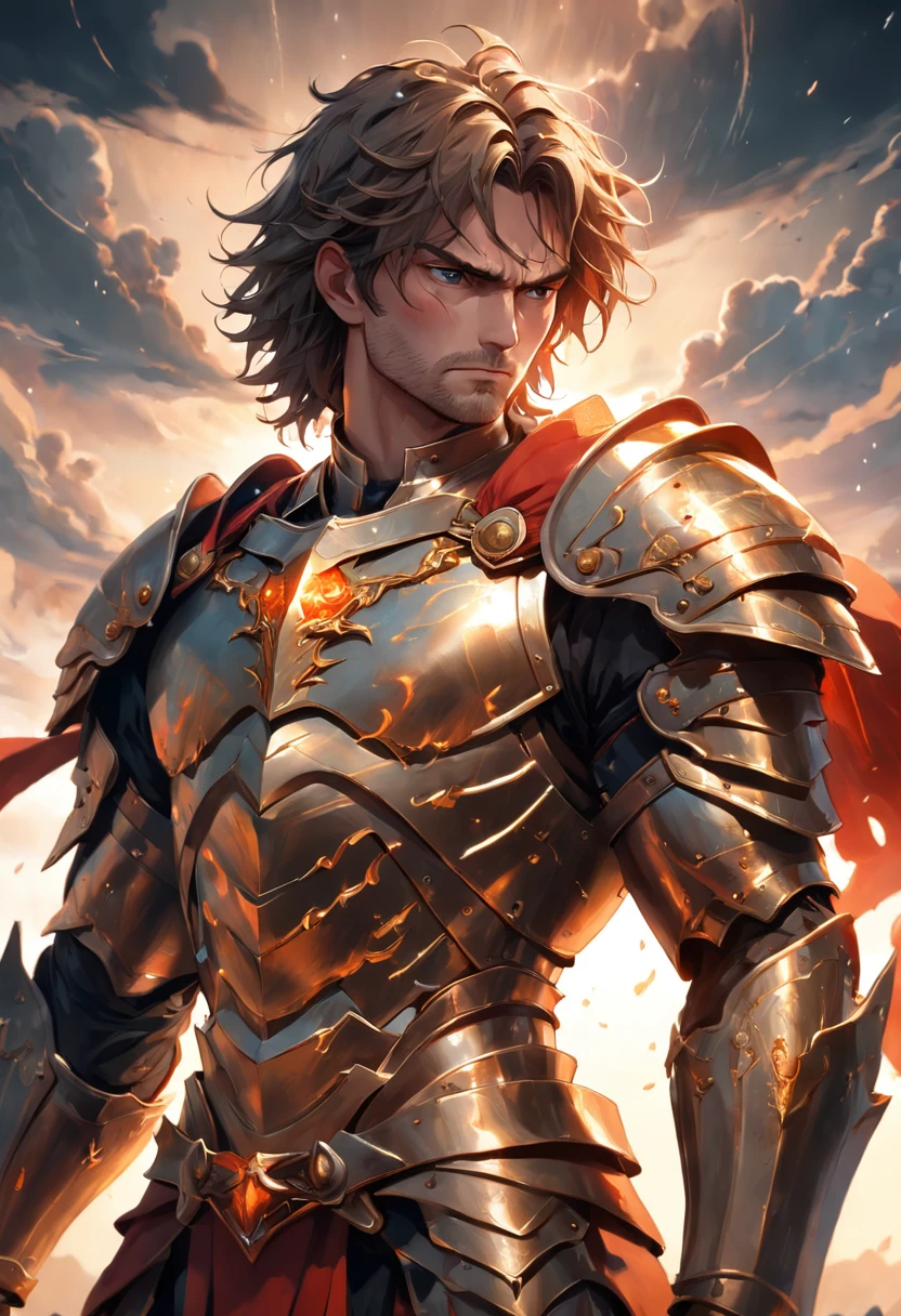 Close-up portrait of a person in armor holding a sword, Complex armor patterns，golden armour，Red clouds，Clouds in the sky surround the sun，(Professional 3D Rendering:1.3) in the (Realistic:1.3) The most beautiful art photos in the world，Soft Features, Brilliant male hero, ((epic hero rough fantasy muscular male wet hero looks angry long hair, Intense expression of short beard and dynamic pose, fantastic location, Majestic and cluttered environment)), Whole body 8K unit rendering, action SHOT, skin pore, Very dark lighting, heavy shading, A detailed, Detal Face, (vibration, realistic photo shot, Realistic, Dramatic, darkly, foco nítido, 8K), (Old leather clothes damaged by bad weather:1.4), ((((Use skins)))), (complex:1.4), Decadent, (ighly detailed:1.4), digitial painting, rendering by octane, art  stations, concept-art, suave, foco nítido, Illustration, From the budding of art, (Roisch:0.23), Vlop Ilya Kuvshinov, e Gregg Rutkowski e Alphonse Mucha Gracias, (globalillumination, studio lights, Amount of light), Very heavy rain, Floating particles, lotr, Fanciful, we, Intellosbians, ((Dark ancient city background:1.3)),CG Sesociedad,art  stations