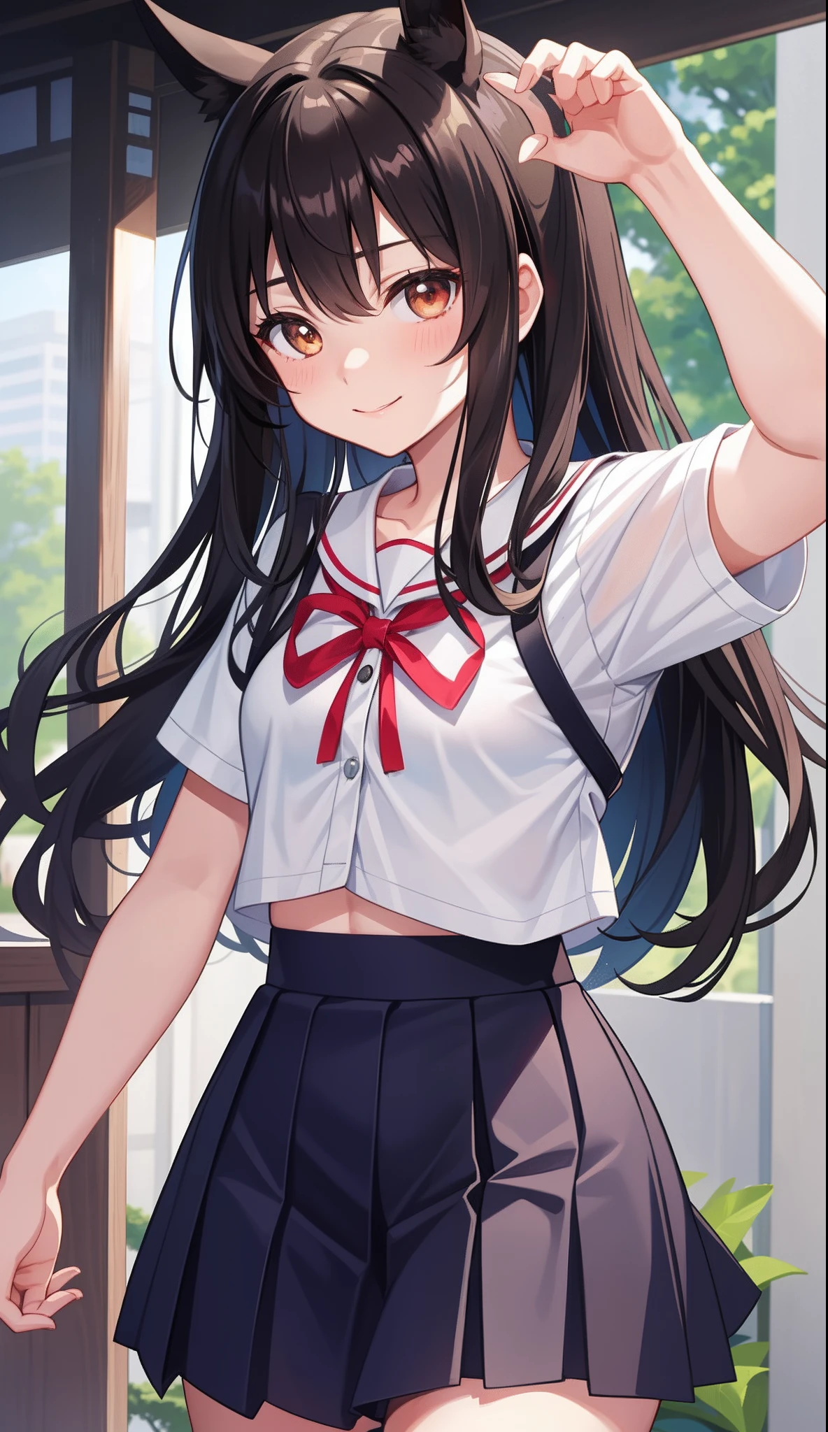 1girl in、AS-Adult、A smile、(Tsundere)、The shirt、skirt by the、(small tits)Chilarism、Japan High School Student Uniform、serafuku、summer clothing、(Sheer Bra)、Upper body portrait、horse ear(Uma Musume)、Running、Sprinting、