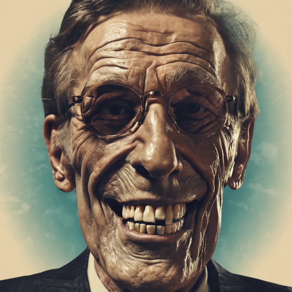 A cigarette is clenched between his teeth. Large bitcoin object in the background. Realistic skeletal face smiling in spotlight. Close-up. Realistic depiction. Leica. Realistic photo.