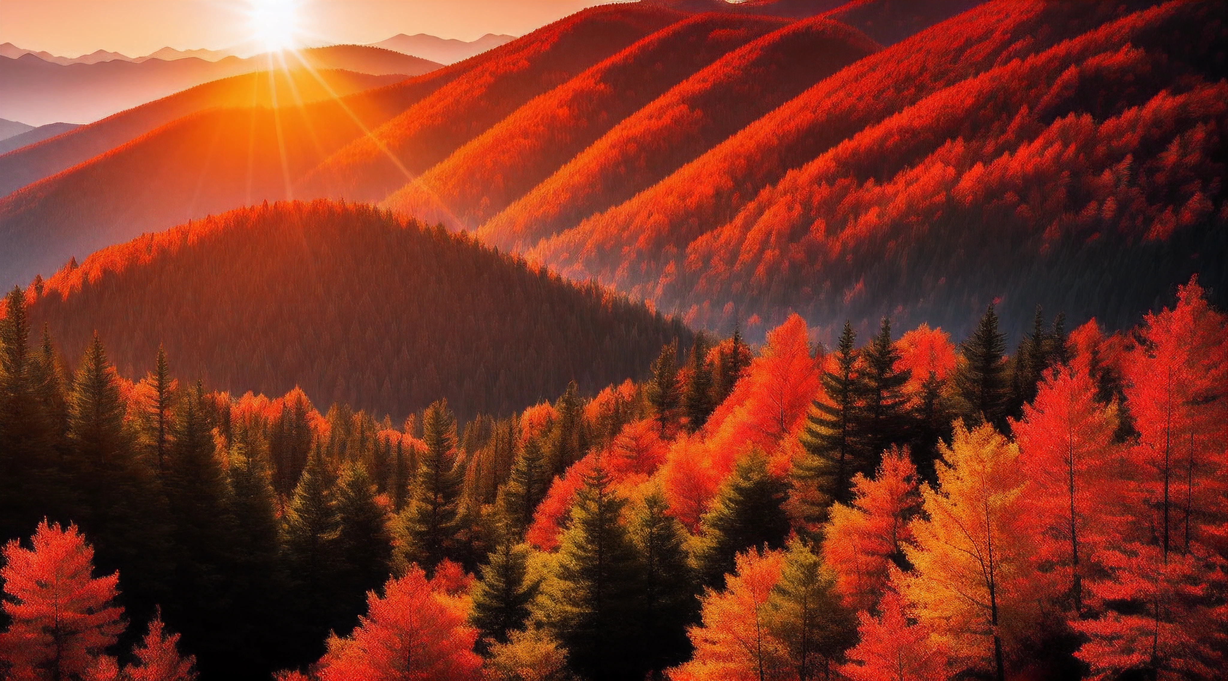 Red Forest，Chao yang，Open mountains and forests overlooking the sun，8K