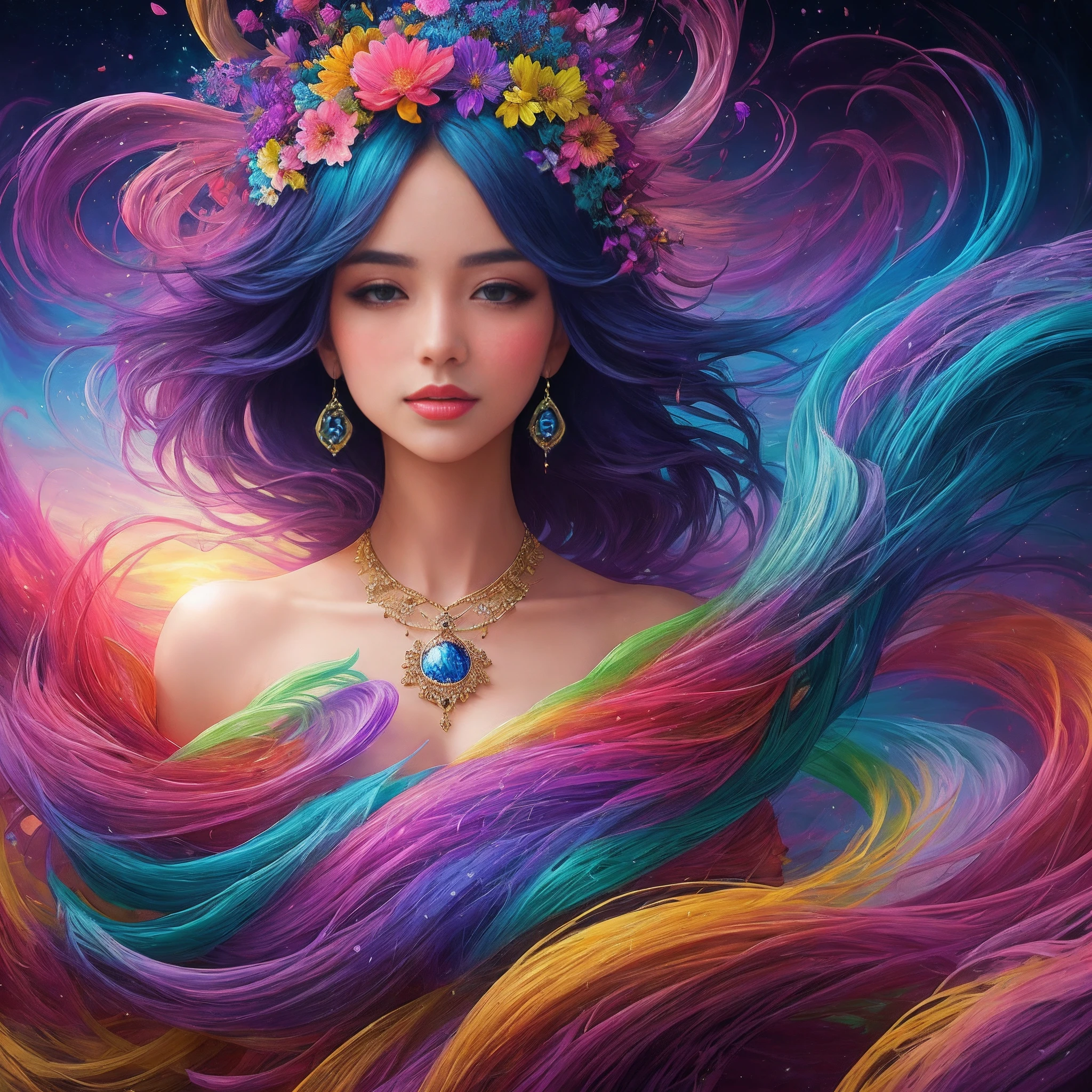 create a vibrant and detailed digital painting of a stunning woman immersed in a fantastical world bursting with color and life. The woman should possess delicate and ethereal features, radiating a timeless beauty that captivates all who gaze upon her. Use a mesmerizing array of vivid hues to bring her to life, with her hair flowing gracefully like ribbons of brilliant sunset, cascading into a vibrant tapestry of colors. Surround her with a mesmerizing landscape, where fantastical creatures and flora intertwine seamlessly, forming a breathtaking display of artistic imagination. Let each brushstroke be imbued with the essence of vividness, making every inch of the painting a captivating kaleidoscope of hues.