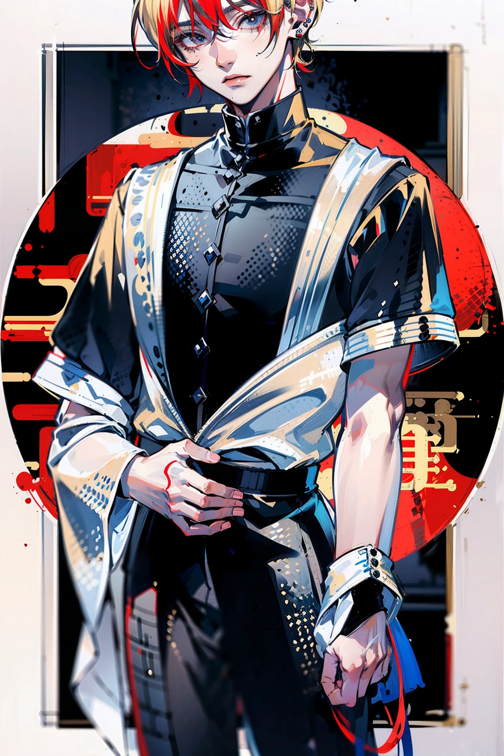 ((masutepiece: 1.4, Best Quality,Delicate)), Very short blonde hair、Red Eyes,(1Man Youth:1.3), Delicate hair, (Big black high-neck clothes hide the mouth:1.3),piercings, Night background,outline