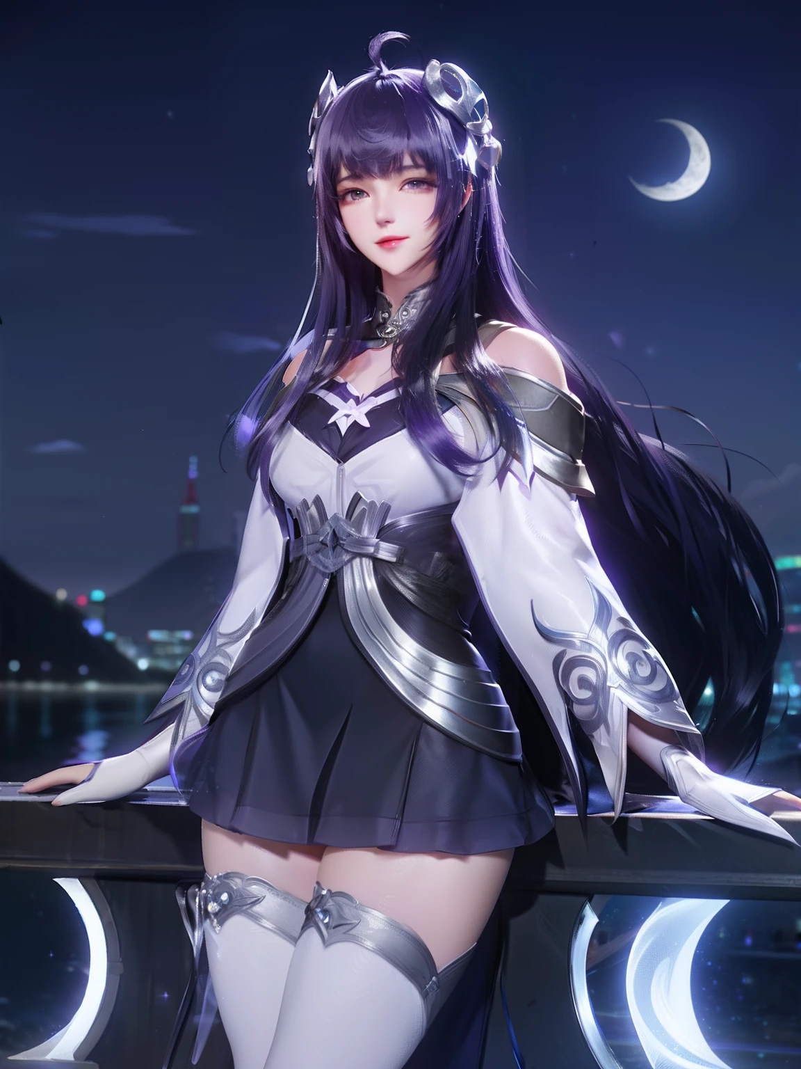 1girll, Mature female, Cityscape, Night, view the viewer, Long hair, hair adornments,white thighhighs, bangs,Skirt,Purple hair,