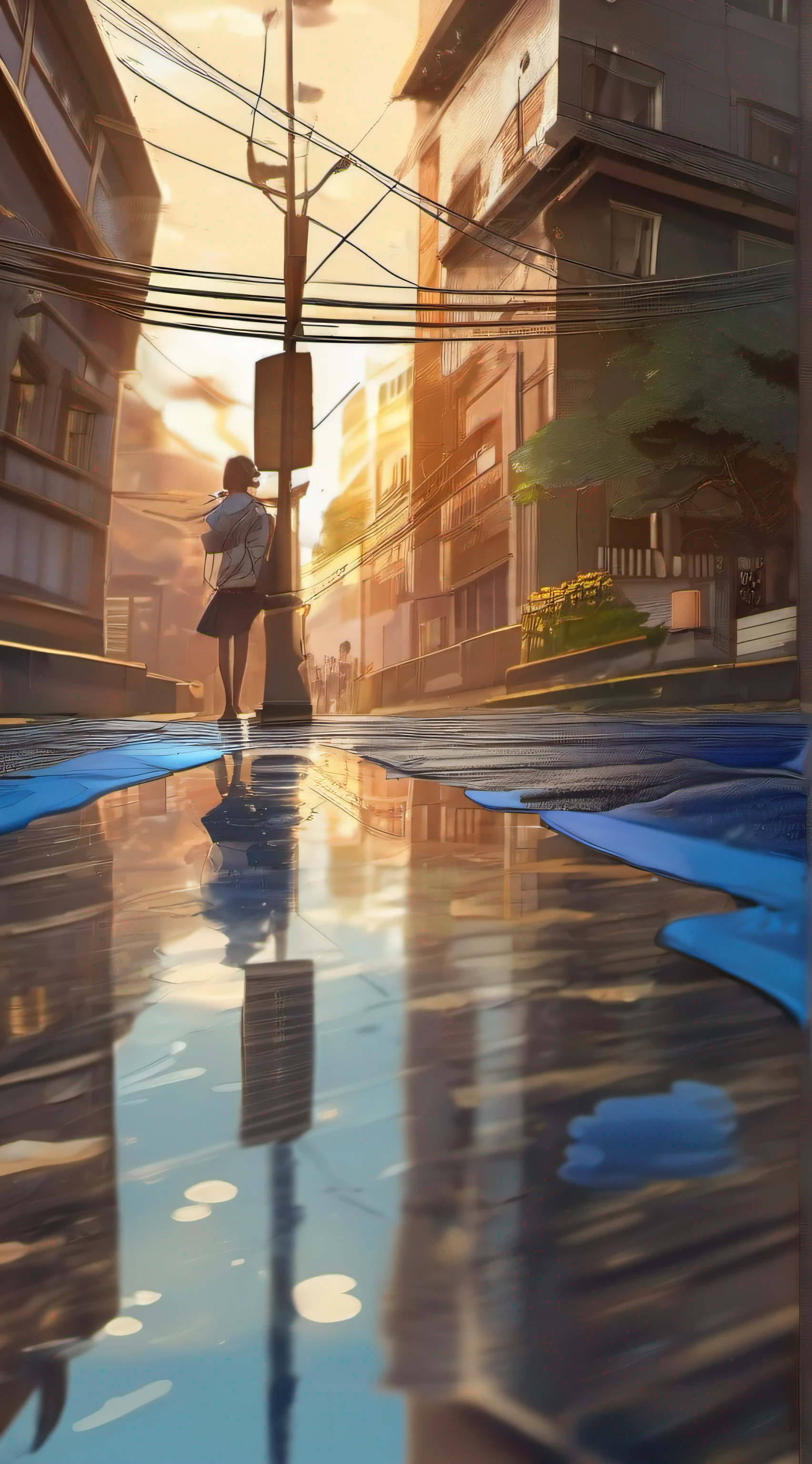 the street，There is a puddle of water in the middle, marvellous reflection of the sky, very low angle photograph, reflections on wet streets, Reflection puddle, water reflection on the floor, after rainny, blue-sky，baiyun