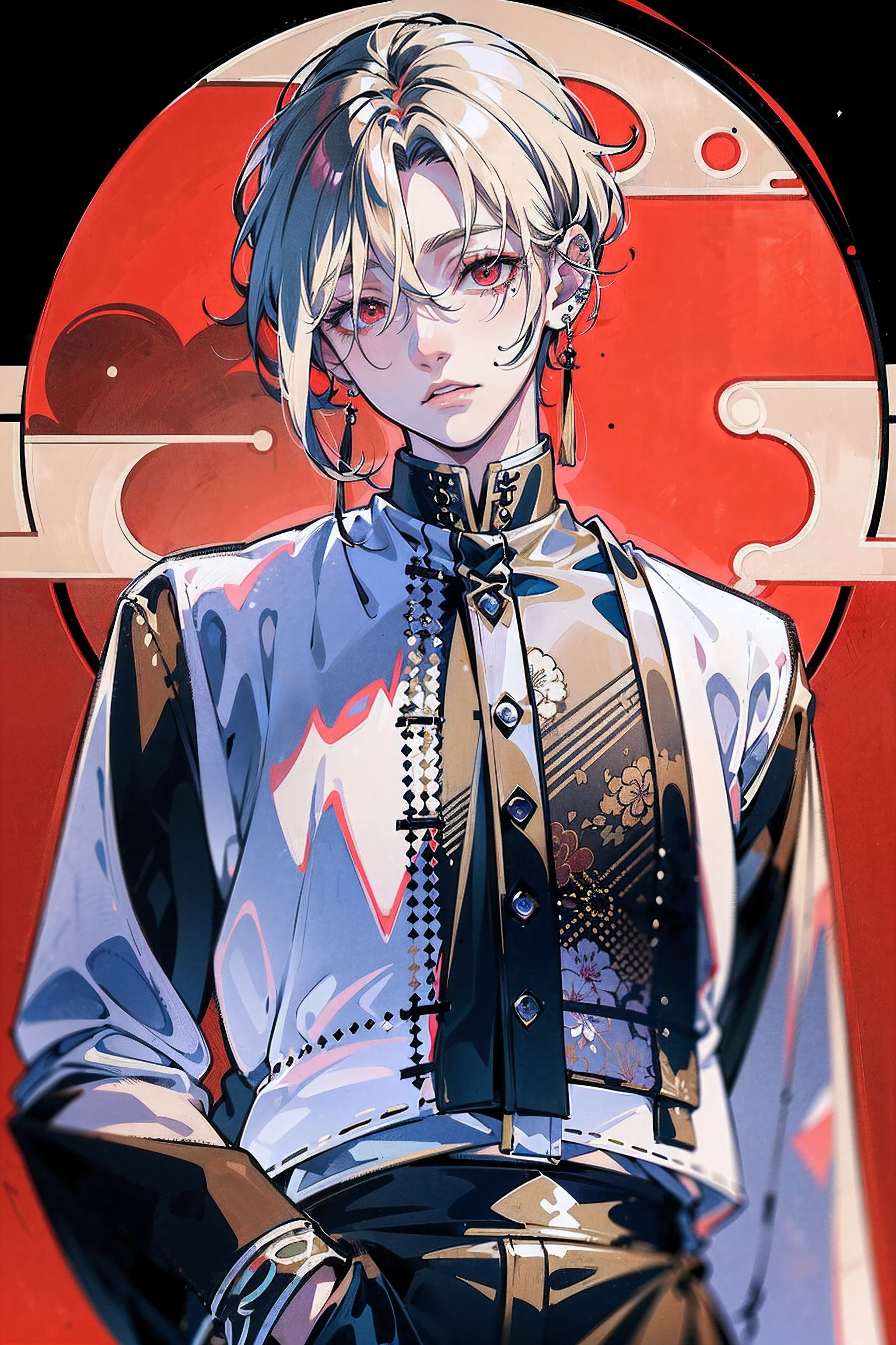 ((masutepiece: 1.4, Best Quality,Delicate)), Very short blonde hair、Red Eyes,(1Man Youth:1.3), Delicate hair, (Big black high-neck clothes hide mouth:1.3),piercings, Night background,outline