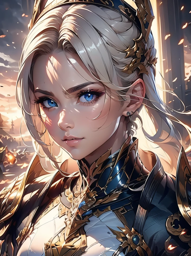 (masterpiece、top-quality、raw、analog style)、foco nítido、Stunning portrait of a beautiful woman、4/5 shots、short blonde hair、((highlydetailed skin、Skin Details))、Perfect physique、Knight's armor with intricate patterns、full armor、full face helmet、Church Square at sunset、holding swords、eye brows up、Sharp eyes、ighly detailed、battle posture、Detailed hand depiction、Detailed chest depiction