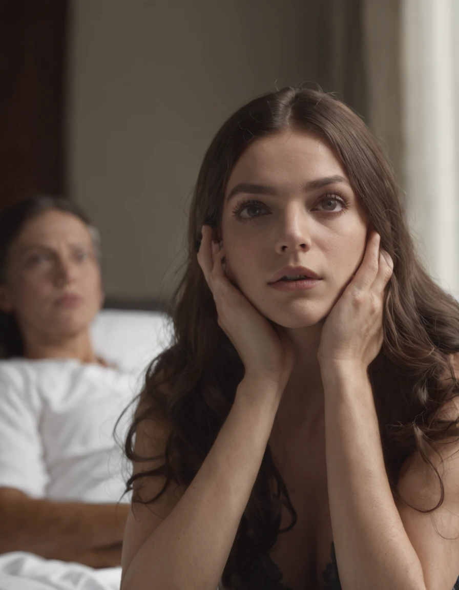 The shadowy figure sitting on the bed, with a frightened woman standing nearby, 4k