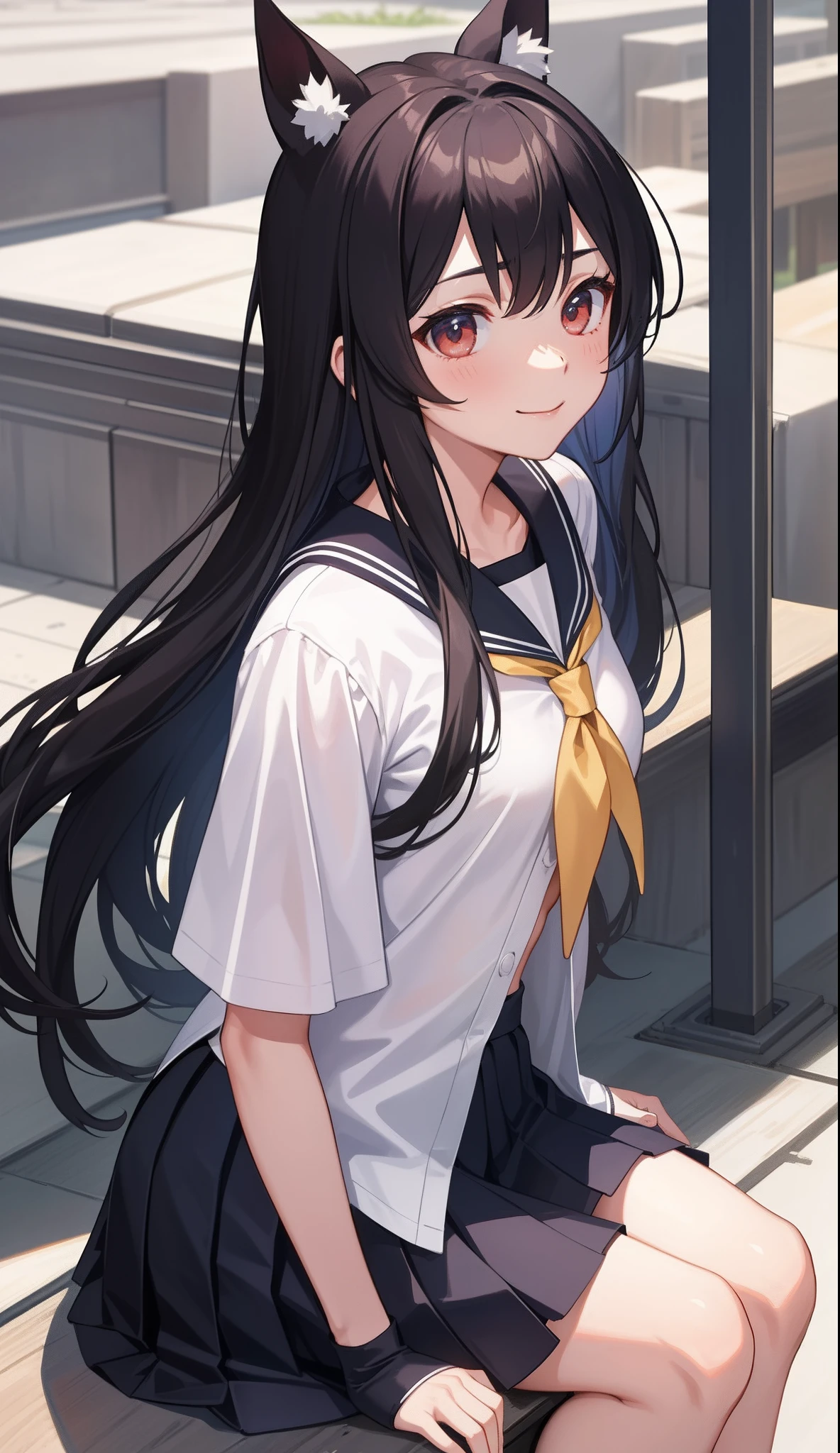 1girl in、AS-Adult、A smile、(Tsundere)、The shirt、skirt by the、(small tits)Chilarism、Japan High School Student Uniform、serafuku、summer clothing、(Sheer Bra)、Upper body portrait、horse ear(Uma Musume)、Running、Sprinting、