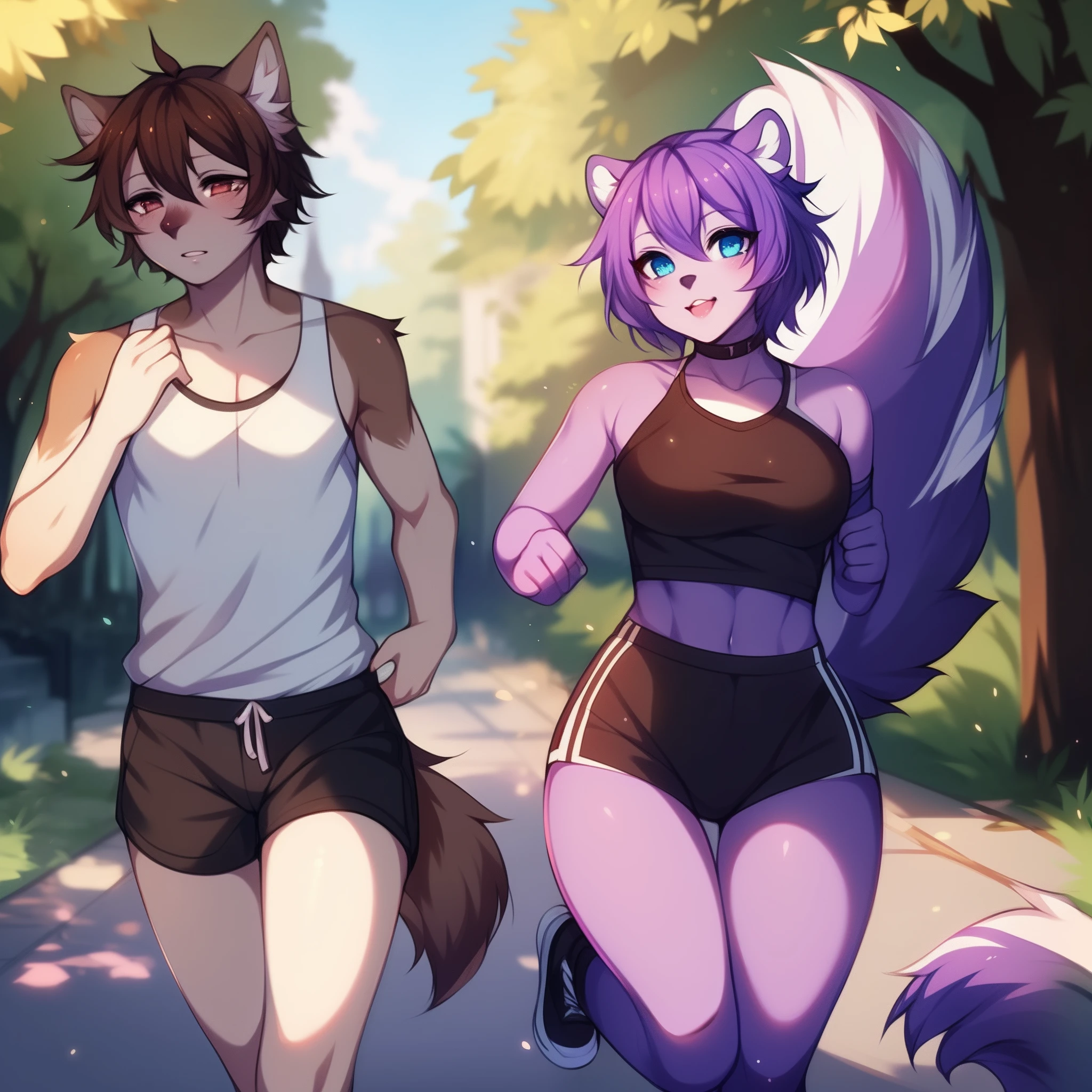 ((masterpiece, best quality, colorful, colors)), (anthro furry:1.3, anthro:1.3, hairy:1.2, fullbody:1.2, neckline, smile), by teranen, (coffeesoda:1.1), teranen, fox, anthro, female, pleasure face, breathless, very chubby, ass, curvy thighs, huge thighs, pink right iris, pink left iris, pink body, big boobs, chubby, white hair, white bangs, pink hair, pink ears, chest fluff,  ((duo)), (White horse, black hair, male, with makeup, huge bulge, sitting on the horse's lap), ((1 male, 1 female))