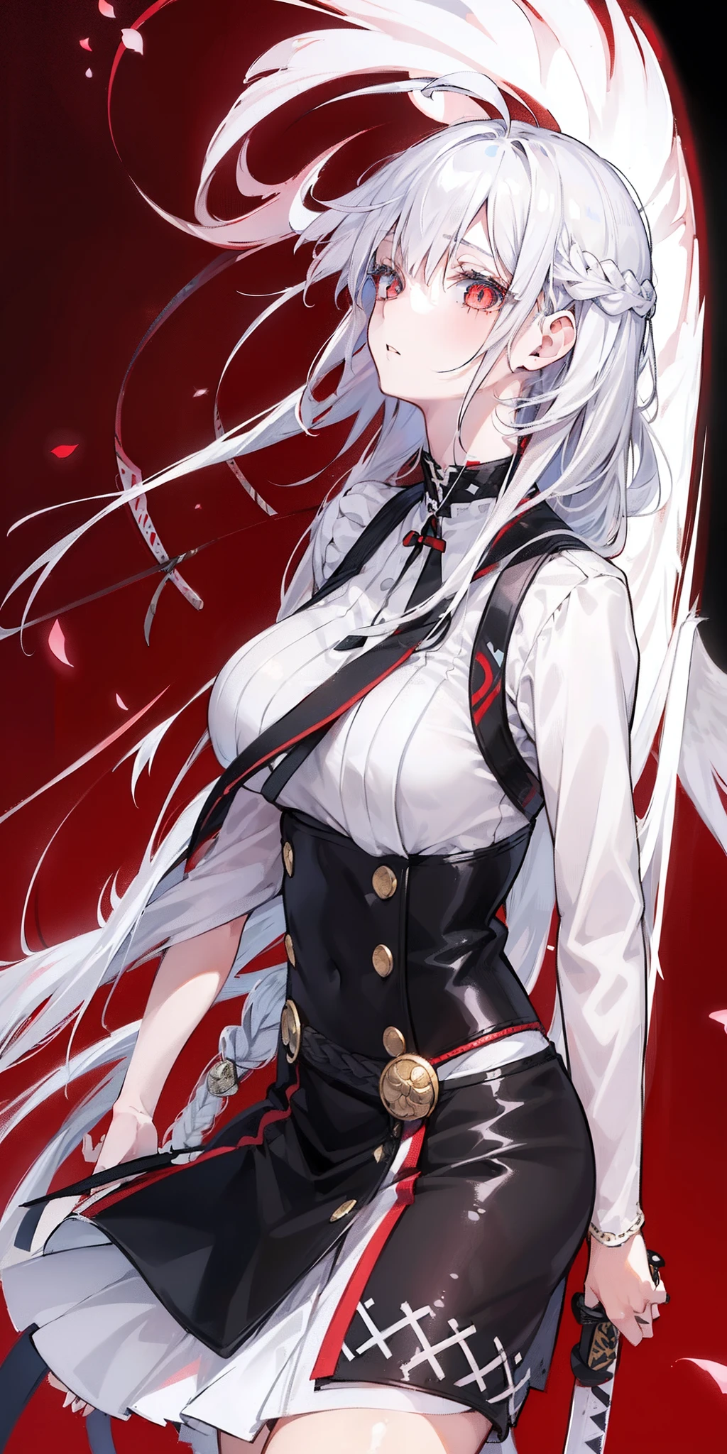 (1girl:1.5), bishoujo, stare, red eyes, (beautiful detailed eyes:1.2), (long hair:1.2), (white hair:silver hair:0.7), Wing-like bangs, Dull hair, ahoge, Hair rings, braid, cold, expressiveless, (The eyes are sharp:0.8),katana swords