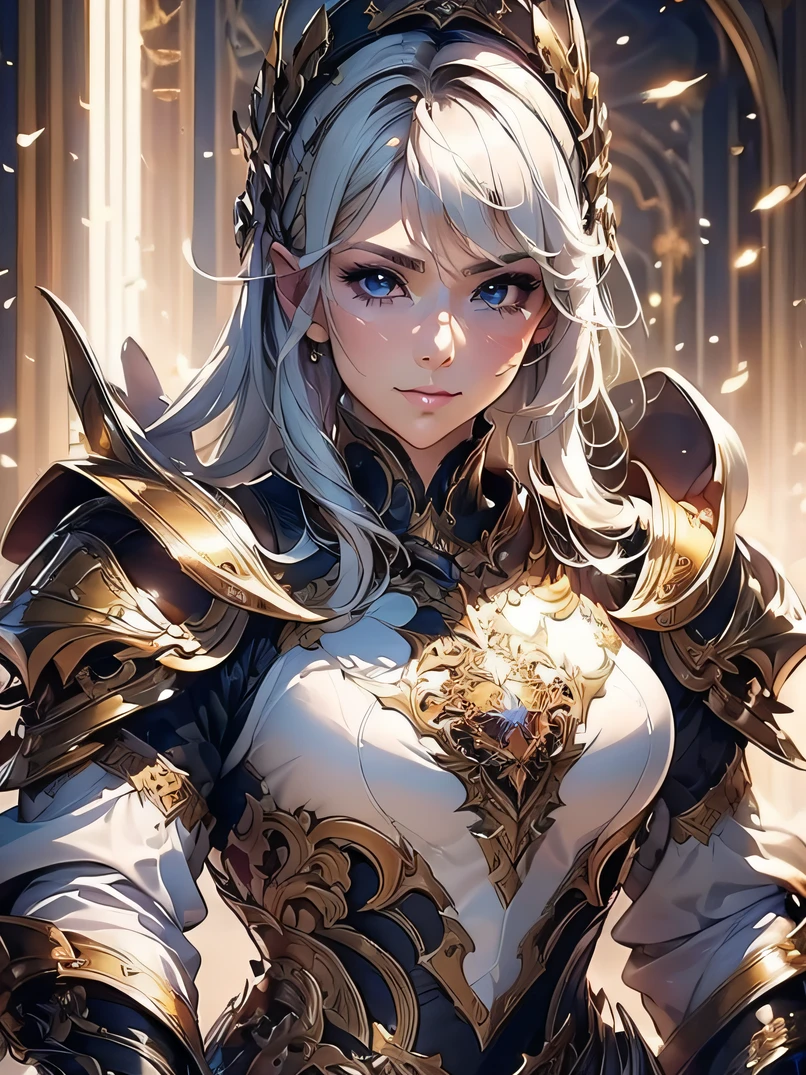 (masterpiece、top-quality、raw、analog style)、foco nítido、Stunning portrait of a beautiful woman、4/5 shots、short blonde hair、((highlydetailed skin、Skin Details))、Perfect physique、Knight's armor with intricate patterns、full armor、full face helmet、Church Square at sunset、holding swords、eye brows up、Sharp eyes、ighly detailed、battle posture、Detailed hand depiction、Detailed chest depiction